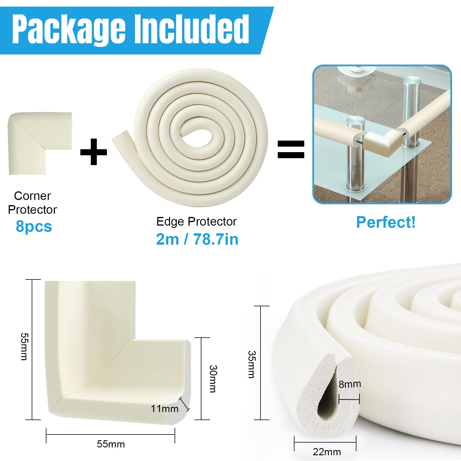 9 Pcs Baby Edge and Corner Protector Set, 8 Foam Guards, 2m U Shape Safety Strip for Kids Table Protection, Coffee Table - Image 4