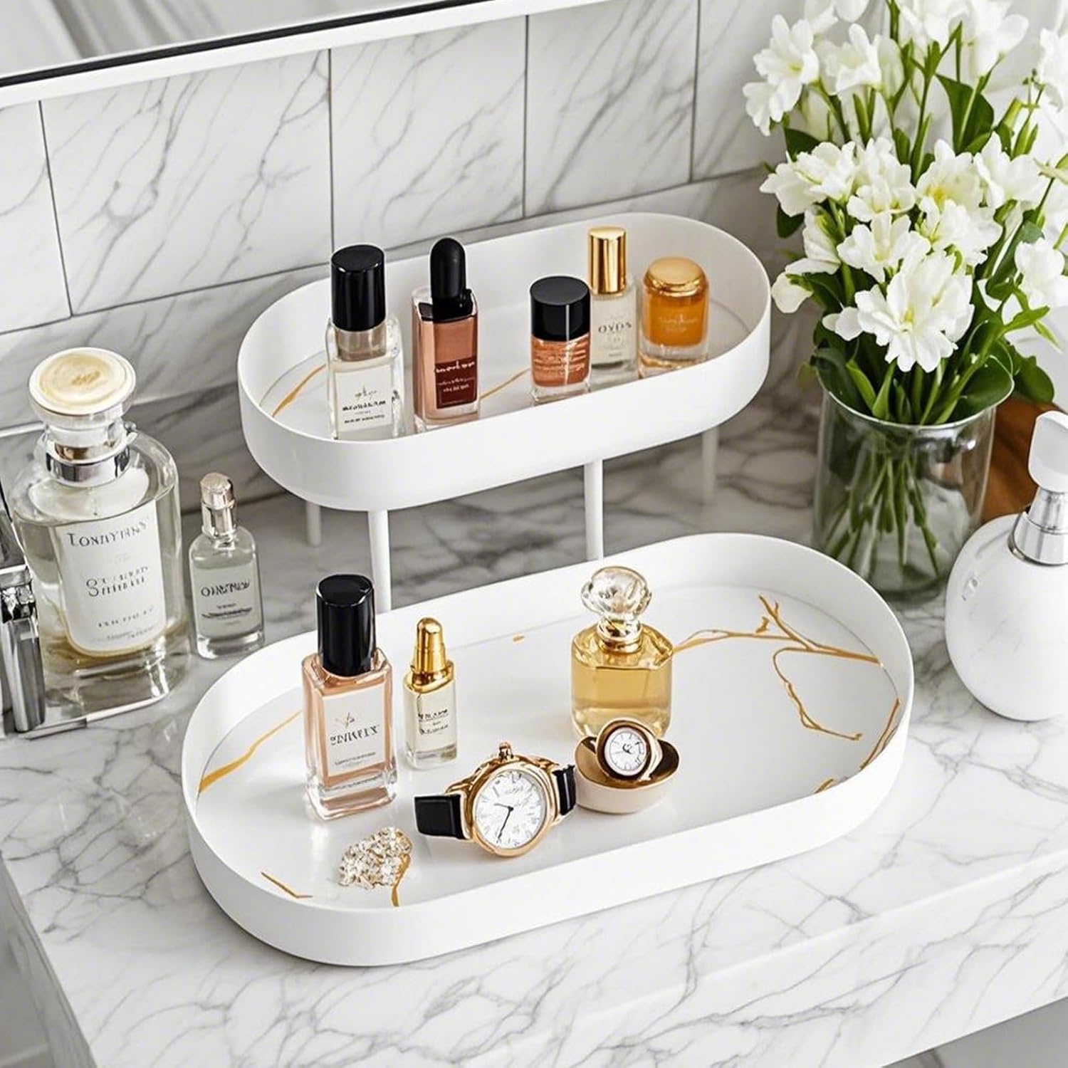 modern white perfume organizer on vanity with bottles - perfume organizer
