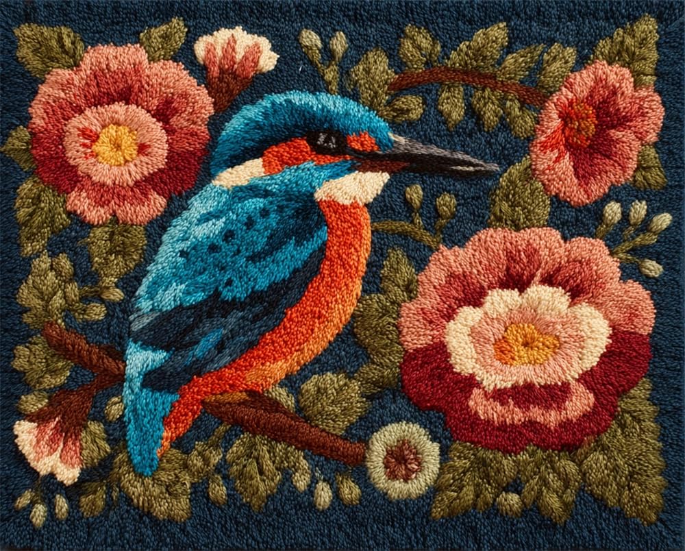 Kitquiver Rug Kits for Adults Latch Hook Printed Kingfisher and Flowers DIY Crafts Crochet Yarn Handmade Embroidery with Printed Canvas Needlework for Home Decor 15X20In