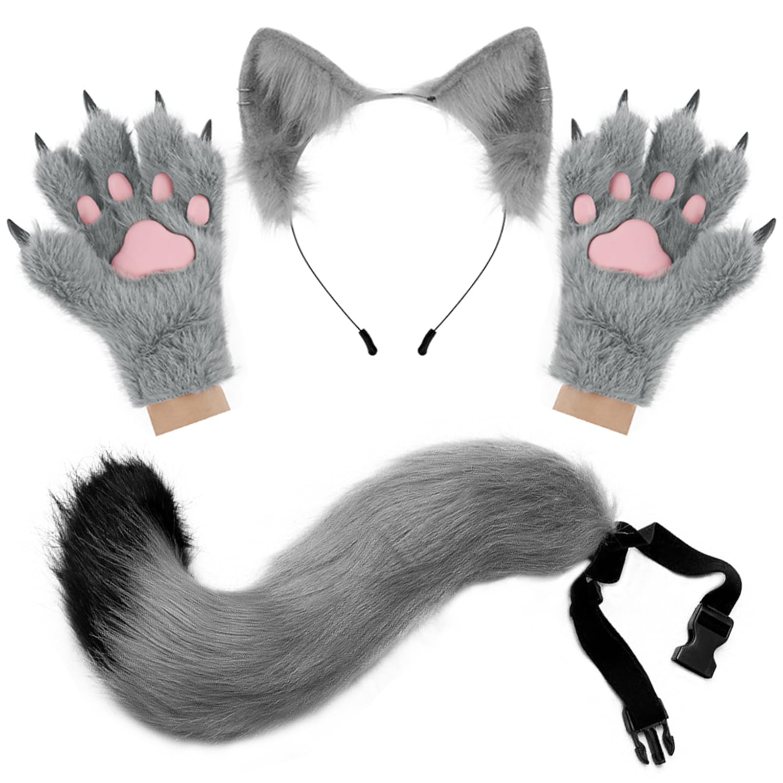 PPFINE Faux Fur Furry Wolf Fox Tail Paw Gloves and Cat Ears Headband Set for Halloween Anime Cosplay Party