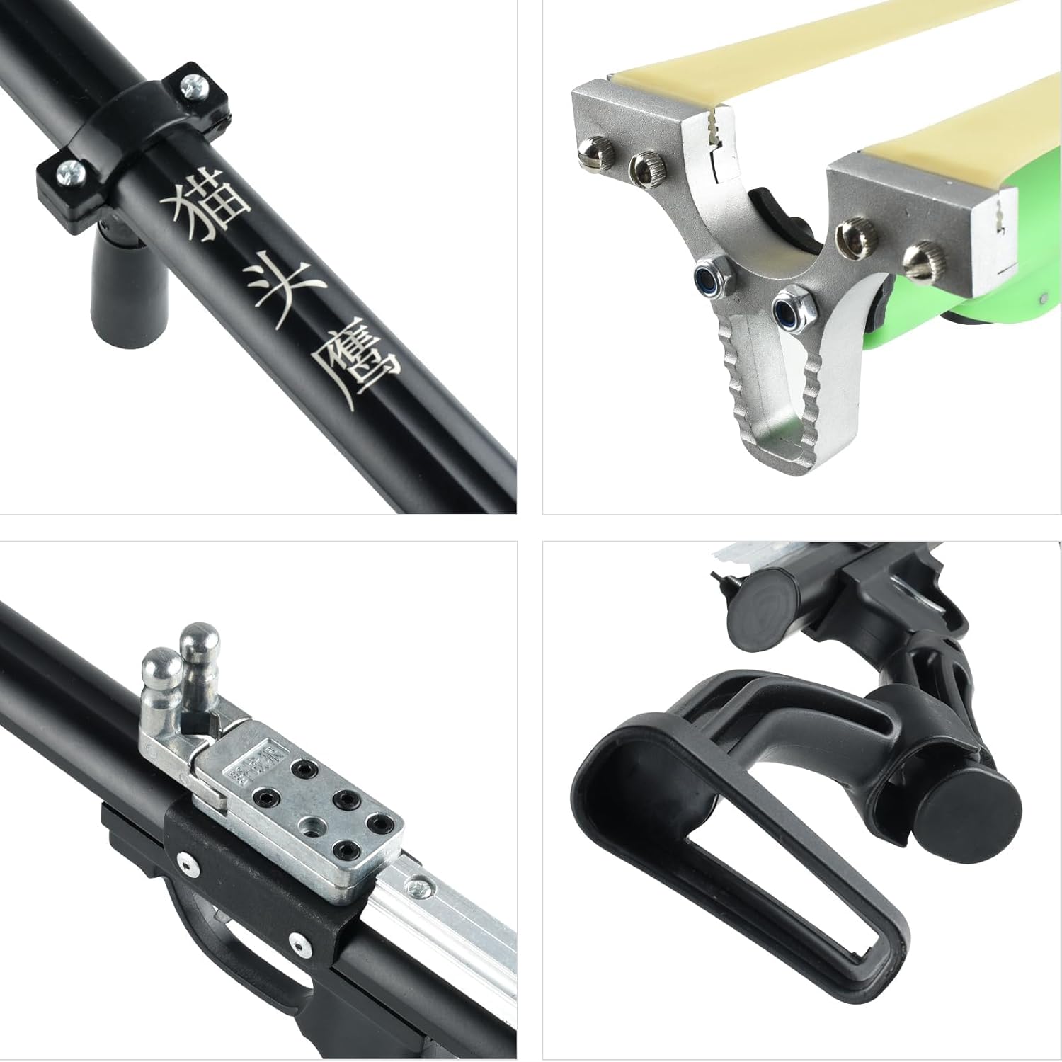 Close-up views of various components of the slingshot rifle, including the bow head, trigger mechanism, and rear stock.