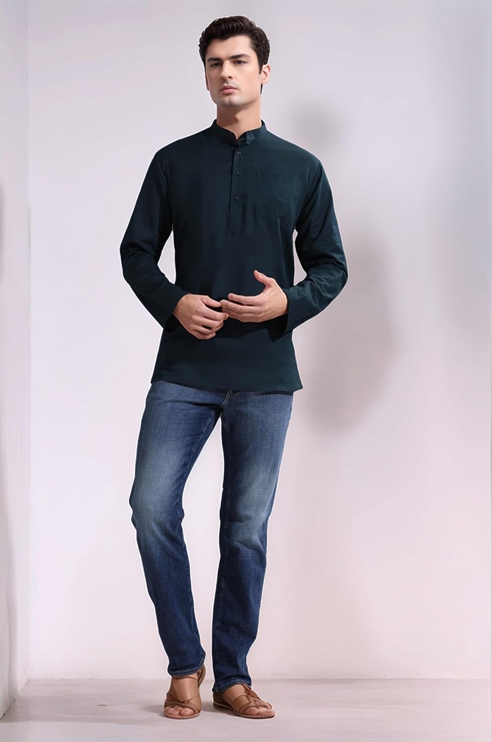SKAVIJ Men’s Cotton Kurta Shirt – Long Sleeve Henley Tunic with Mandarin Collar Chest Pocket – Casual Ethnic Wear Top - Image 3