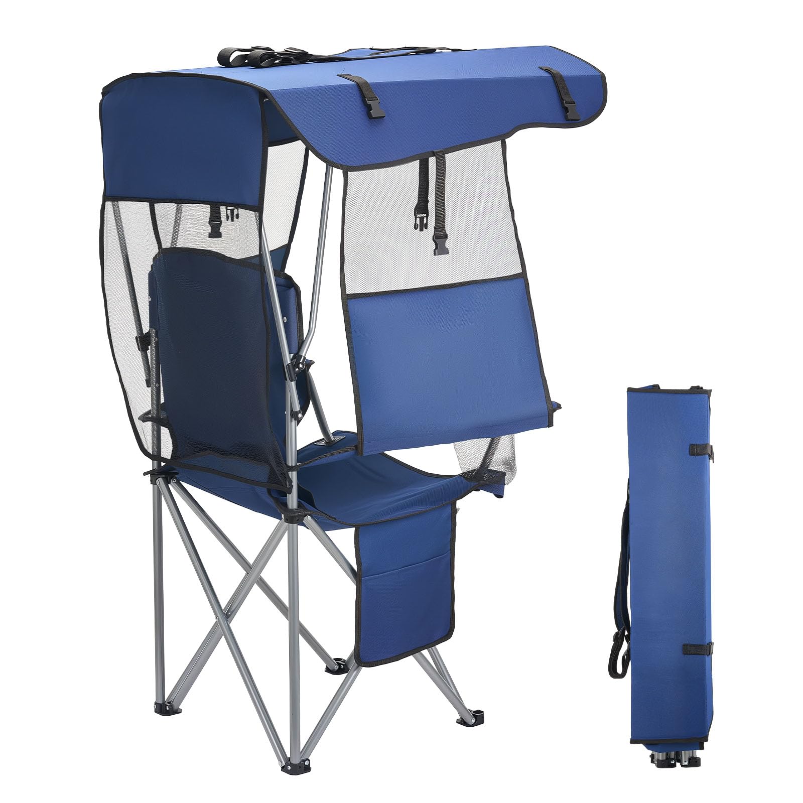 VEVOR Chaise de Camping Pliante avec Auvent, Fauteuil Pliable Camping Charge Maximale 150 kg, pour Pique-Nique Randonnée Pêche en Plein Air, avec Porte-gobelet et Pochette pour Magasines, Bleu Foncé