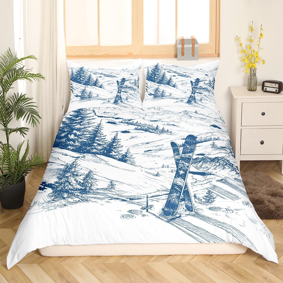 Erosebridal Ski Sports Duvet Cover Full Size for Boys Kids Teens Men Winter Sports Ski Theme Comforter Cover Set with Zipper Ties Soft Microfiber Snow Mountain Landscape Bedding Set for Adult Men