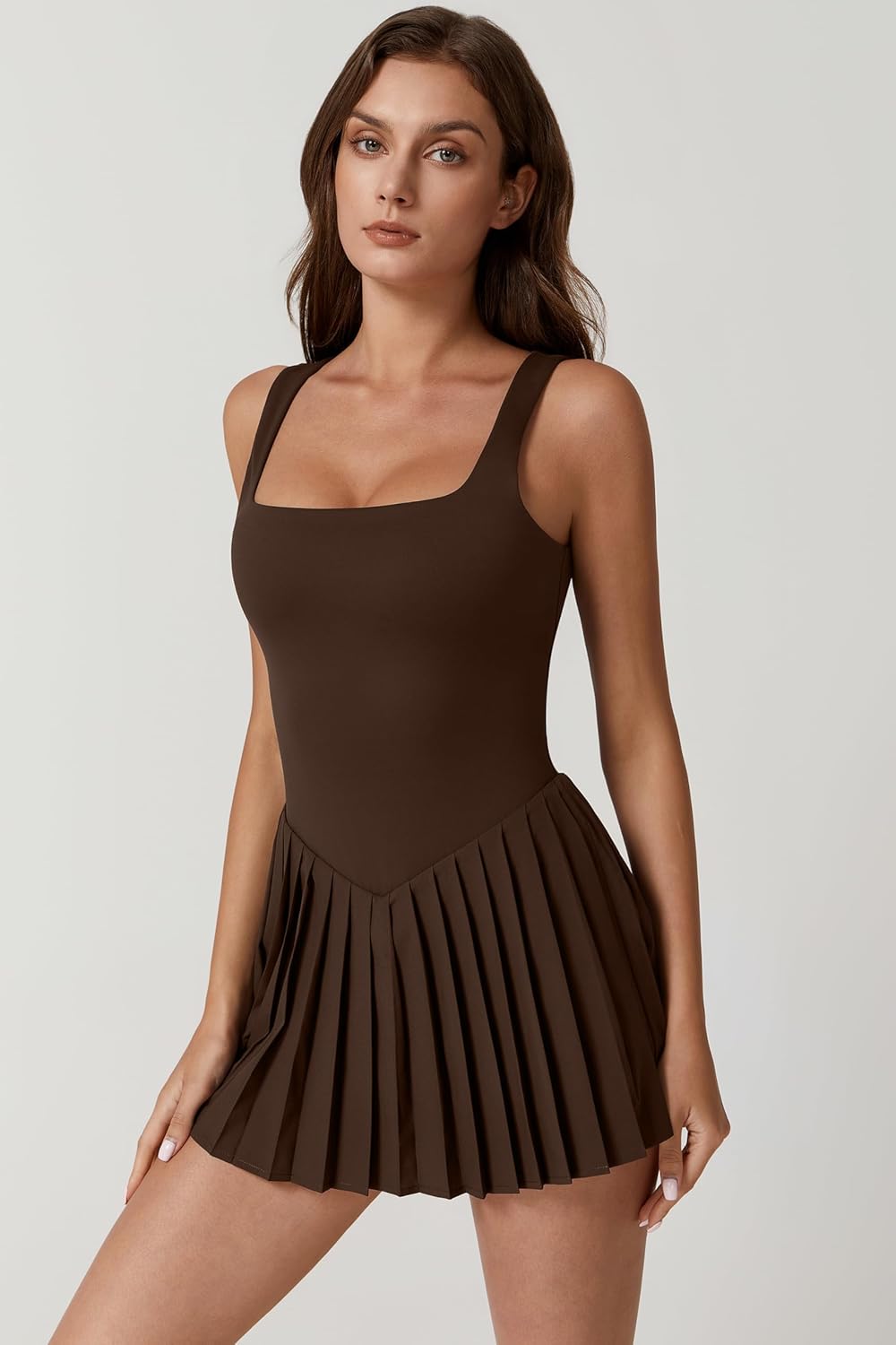 QINSEN Womens Square Neck Tennis Dress Pleated Sleeveless Built in Shorts Golf Athletic Dress with Pockets - Image 5