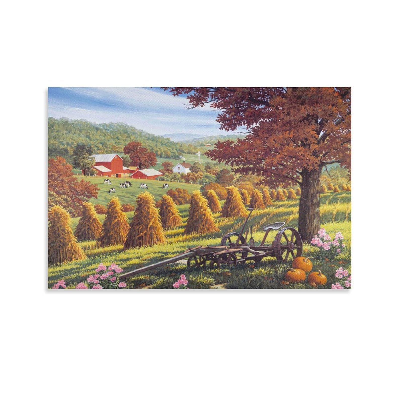 CPLVKWRQJ Autumn Farm Landscape Single Harvest Farm Landscape Painting Framed Canvas Wall Art - Living Room Gallery Wall Statement Piece Fade Resistant Decor 12x18inch(30x45cm)
