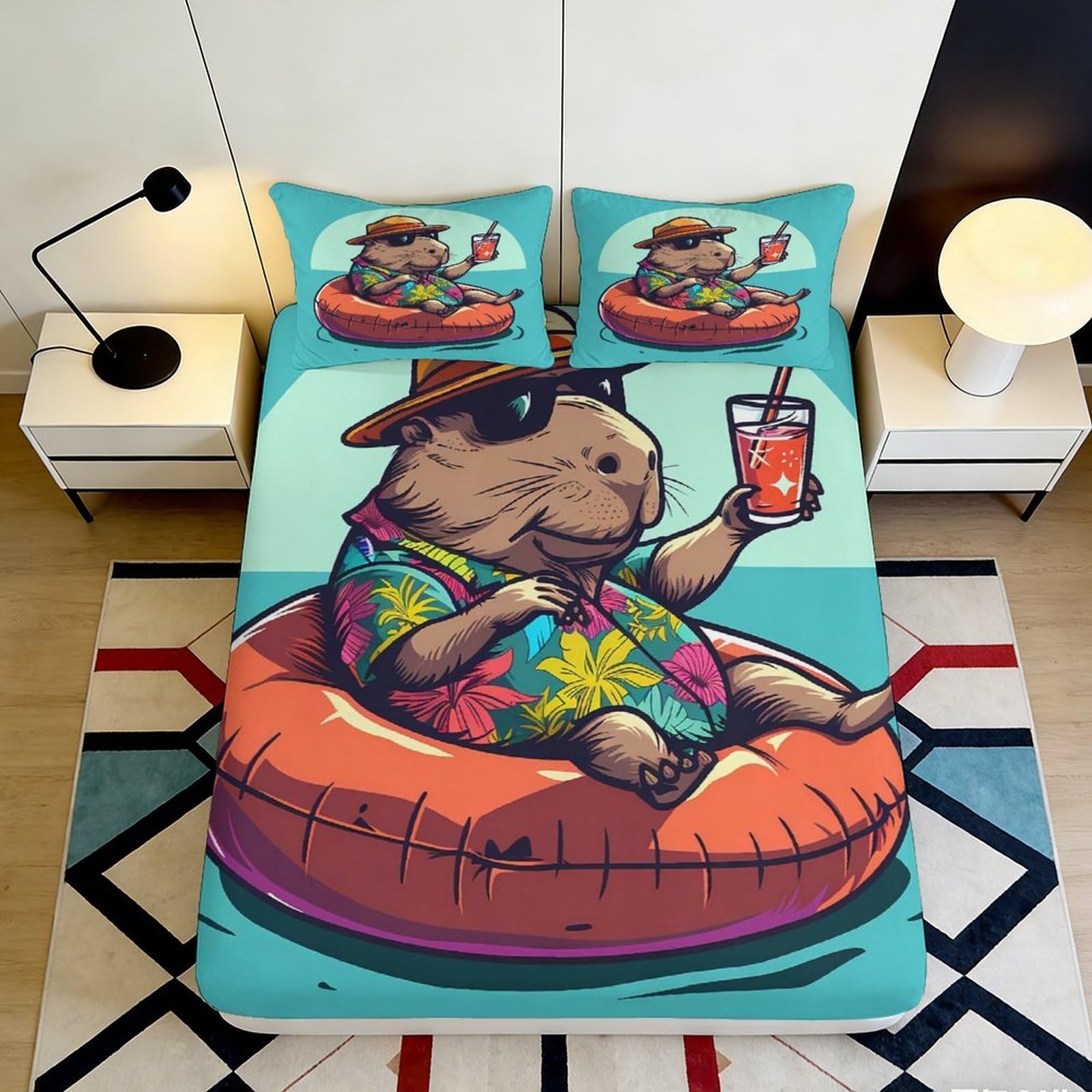3D Printed Capybara Pool Party Fitted Sheet Microfiber Fun Summer Cartoon Mattress Cover Bedroom Decor 120x200cm 180x200x25cm