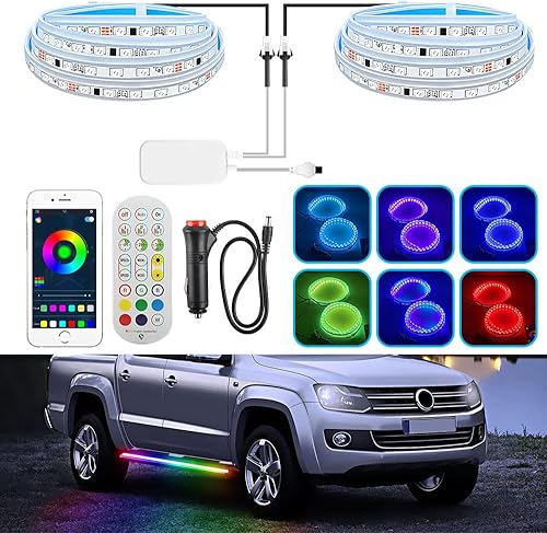 Chemini Tira de luz LED para estribo, aplicación de 60 pulgadas y control remoto RGB multicolor para puerta de automóvil, kit de luces LED