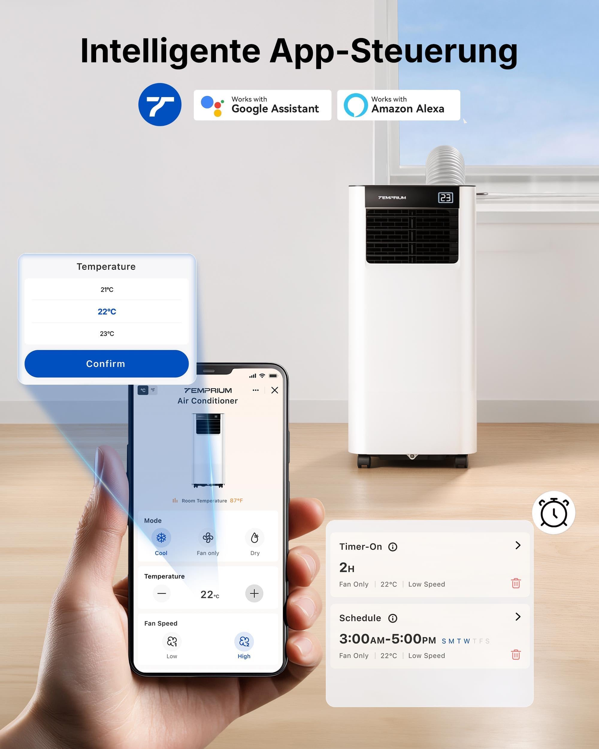 Condizionatore Portatile 9000 BTU, Temprium Climatizzatore Portatile 3-in-1, Controllo tramite App/Telecomando, Kit di Tenuta per Finestra, Timer 24H, Funzionamento Silenzioso <48 dB, Copertura 25 m²