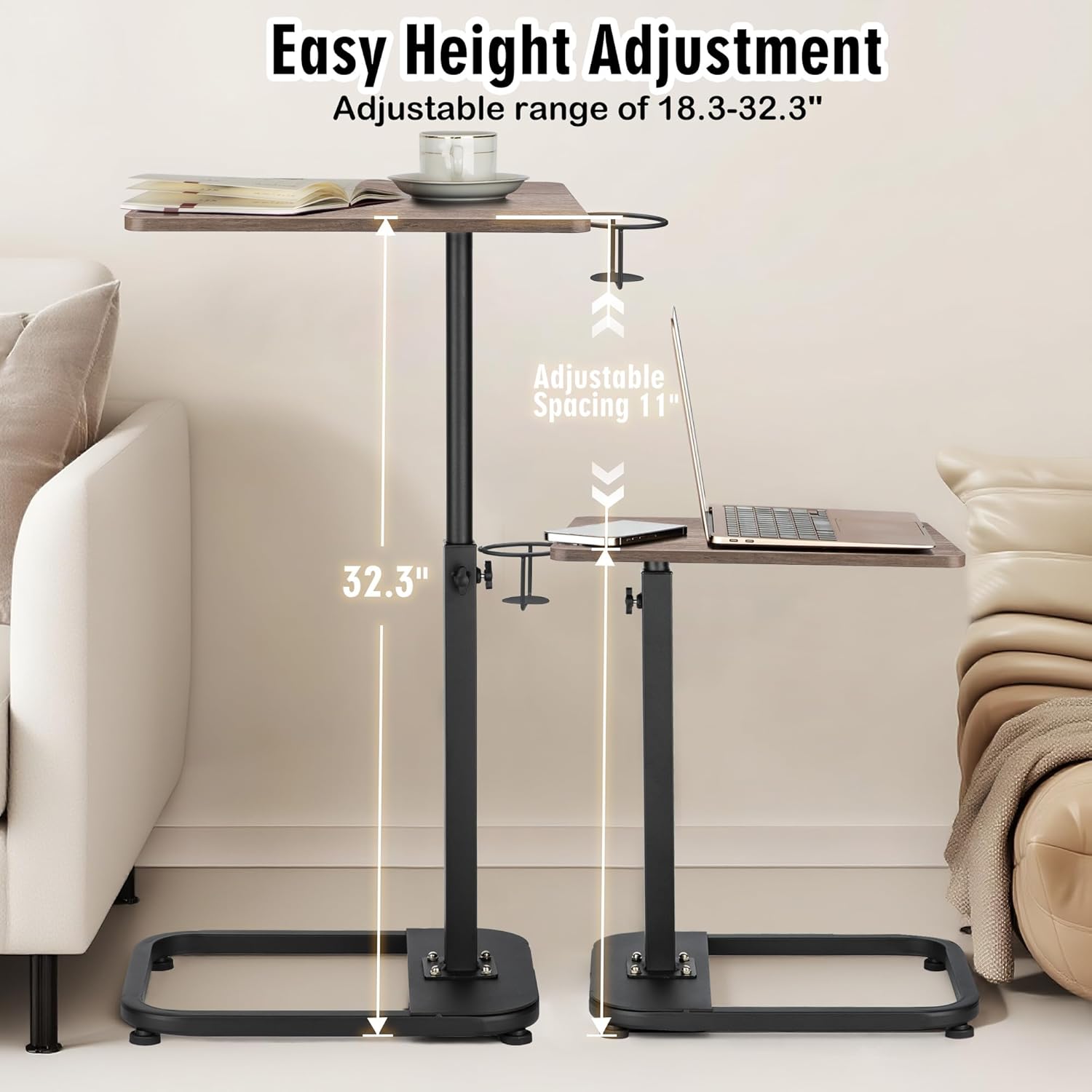 facka Adjustable Gray TV Tray Table with Rounded Metal Corners, C-Shaped Snack Table for Couch, Sofa, Bed or Chair, Small Space Side Table for Eating, Dinner, or Laptop Use