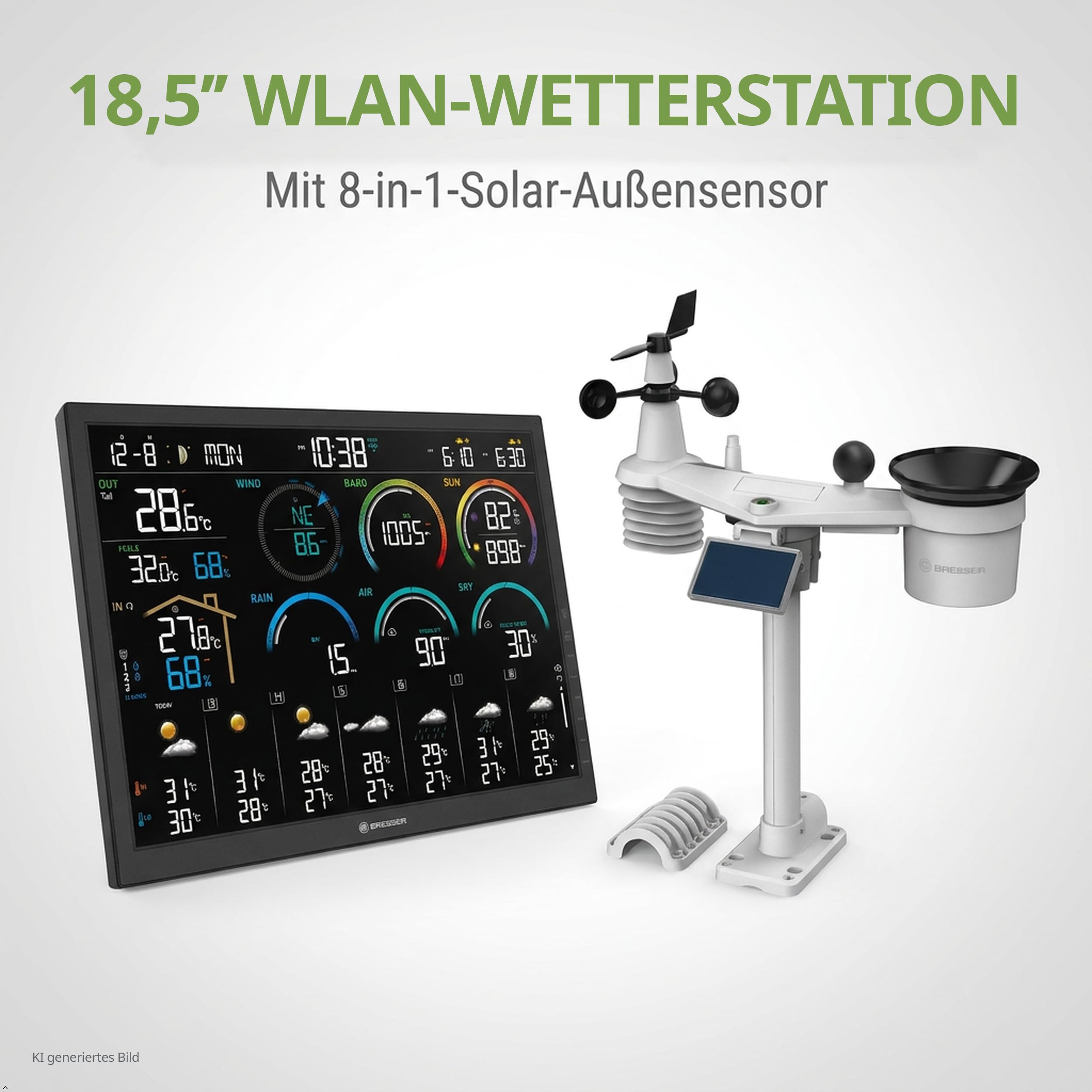 Stacja pogodowa Wi-Fi BRESSER 4CAST 18,5" z czujnikiem 8-w-1 | Temperatura wewnętrzna i zewnętrzna, wilgotność, deszczomierz, wiatromierz, UV, światło, WBGT, prognoza pogody, aplikacja