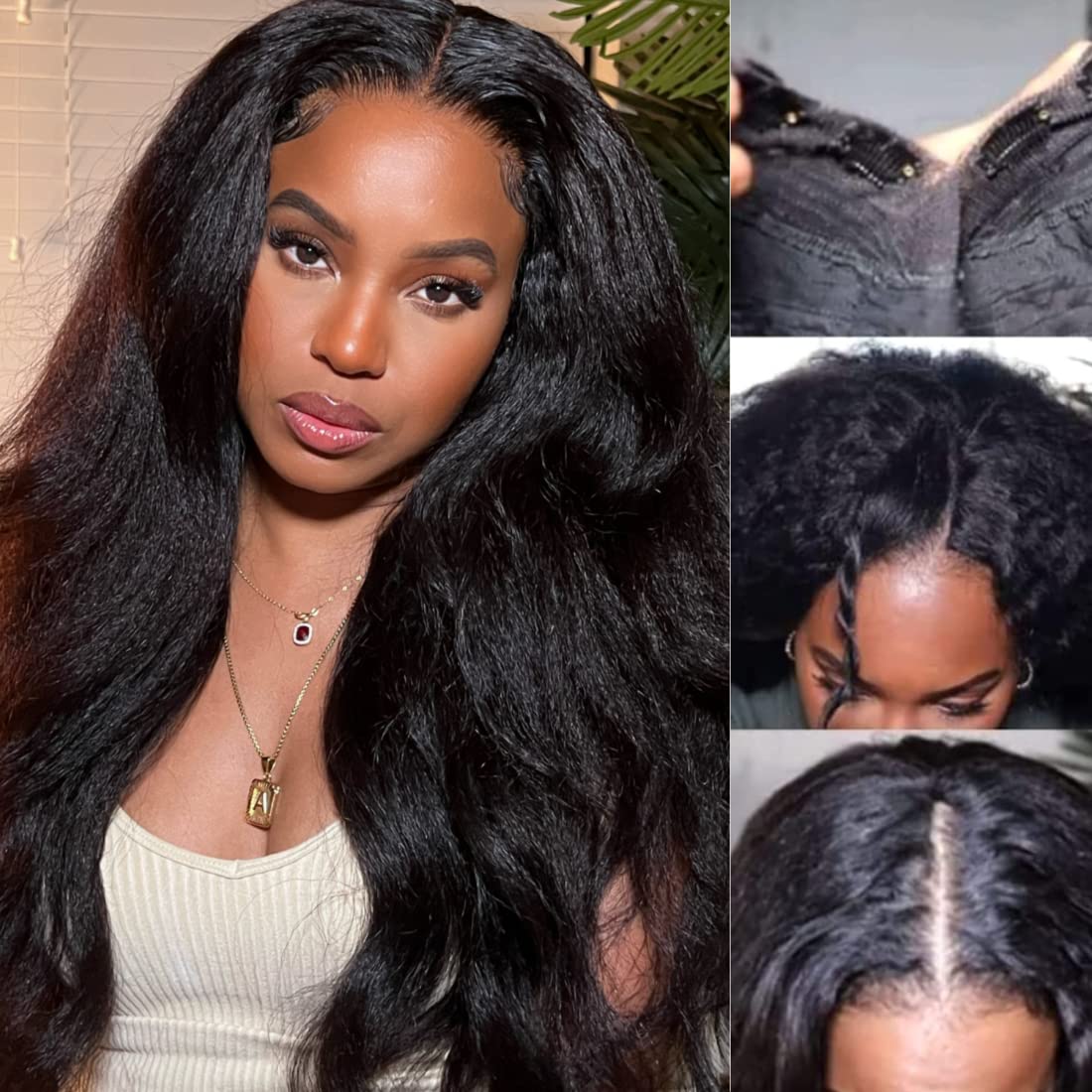 Sunber V Part Wig Kinky Straight Human Hair Vpart Wigs Glueless Kinky Straight Upgrade U Part Wig No Leave Out 12A Brazilian Full Head V Shape Clips in Half Wig 150% Density 16Inch Yaki Straight Wigs