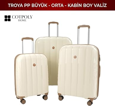 COTPOLY Troya 3'lü Valiz Seti, Polipropilen Valiz, Troya Darbeye Dayanıklı Bavul (Krem Üçlü Set)
