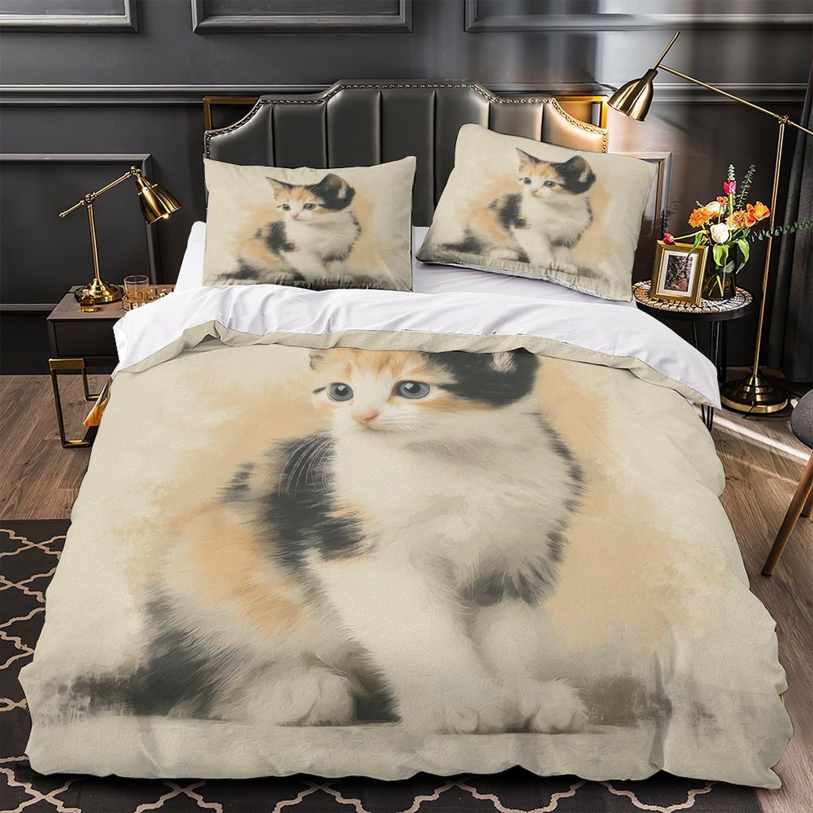 Housse de couette chatons 3D en microfibre 220x240 cm avec taies d'oreiller pour lit King