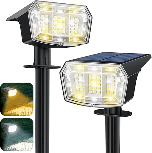 Focos solares para exteriores, 63 LED, 5 modos cálidoblanco 2 en 1, IP65, impermeables, para exteriores, 50000 horas de vida útil, luces de jardín