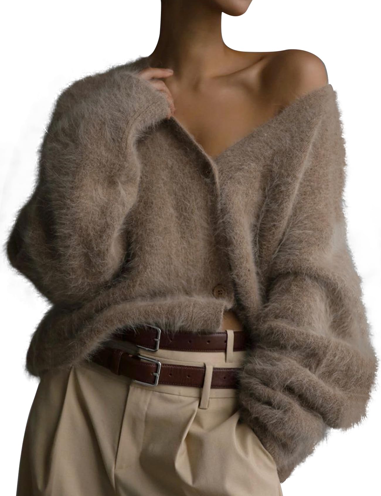 COZYPOIN Womens Fuzzy Mohair Cardigan Open Front Button Down V Neck Long Sleeve Sweater Slouchy Drop Shoulder Knit