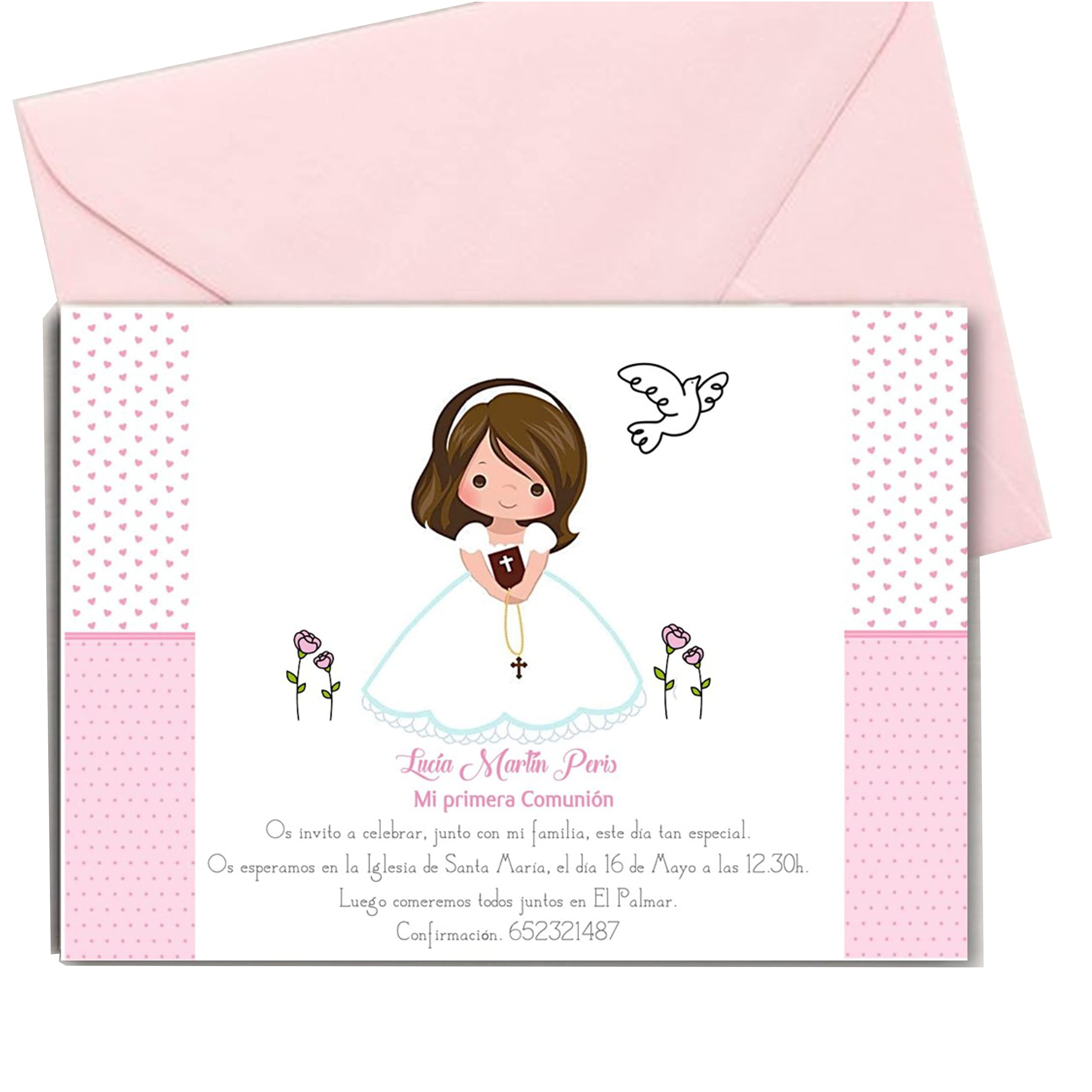 Didart Handmade Invitación Comunión niña. Personalizada. 4 modelos. Pack 24 unidades o más. Cuadro a juego. Tarjeta Comunión niñaHecho en España
