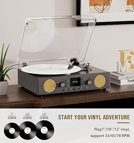 Miniatura 3 de VinylsLink - Tocadiscos de 3 velocidades accionado por correa con altavoces integrados, radio FM, Bluetooth, salida de línea RCA, entrada AUX,