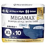 NorthShore MegaMax Adult Overnight Diapers, 12-Hour Tab-Style, X-Large, 10 Count Bag, Blue, 50-60 inches, Unisex Incontinence Underwear