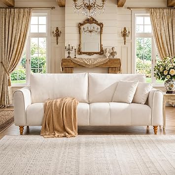 87" Mid Century Modern 3-Seater Sofa, Tufted Upholstered Couch | Extra Wide Deep Seat, Sturdy Wood Frame, Easy Assembly, Mid Century Furniture, For Living Room, Beige