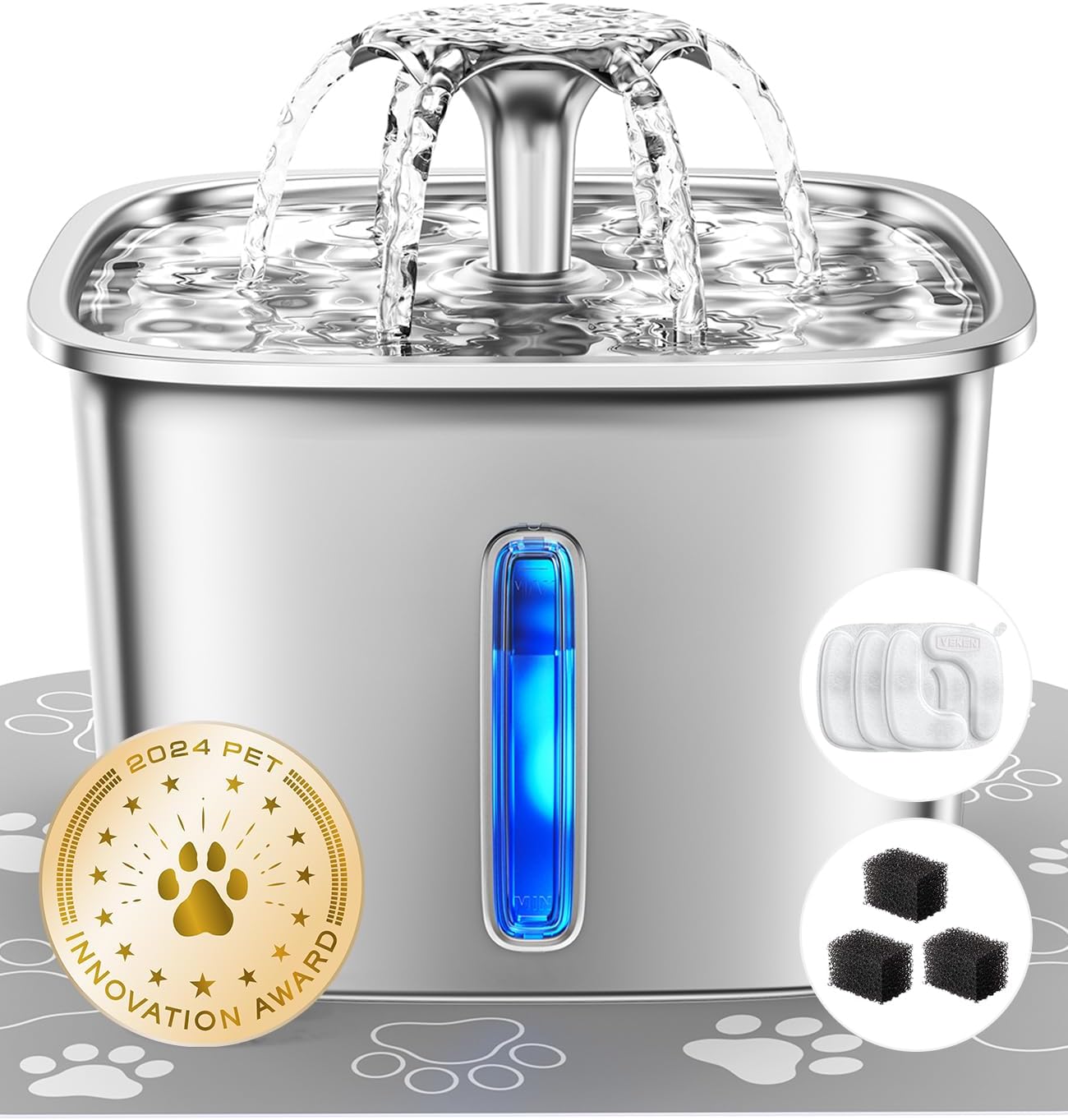 Veken Innovation Award Winner Stainless Steel Water Fountain for Cats, Automatic Pet Fountain 94oz/2.8L with 3 Replacement Filters & 3 Pre-Filter Sponges & Mat