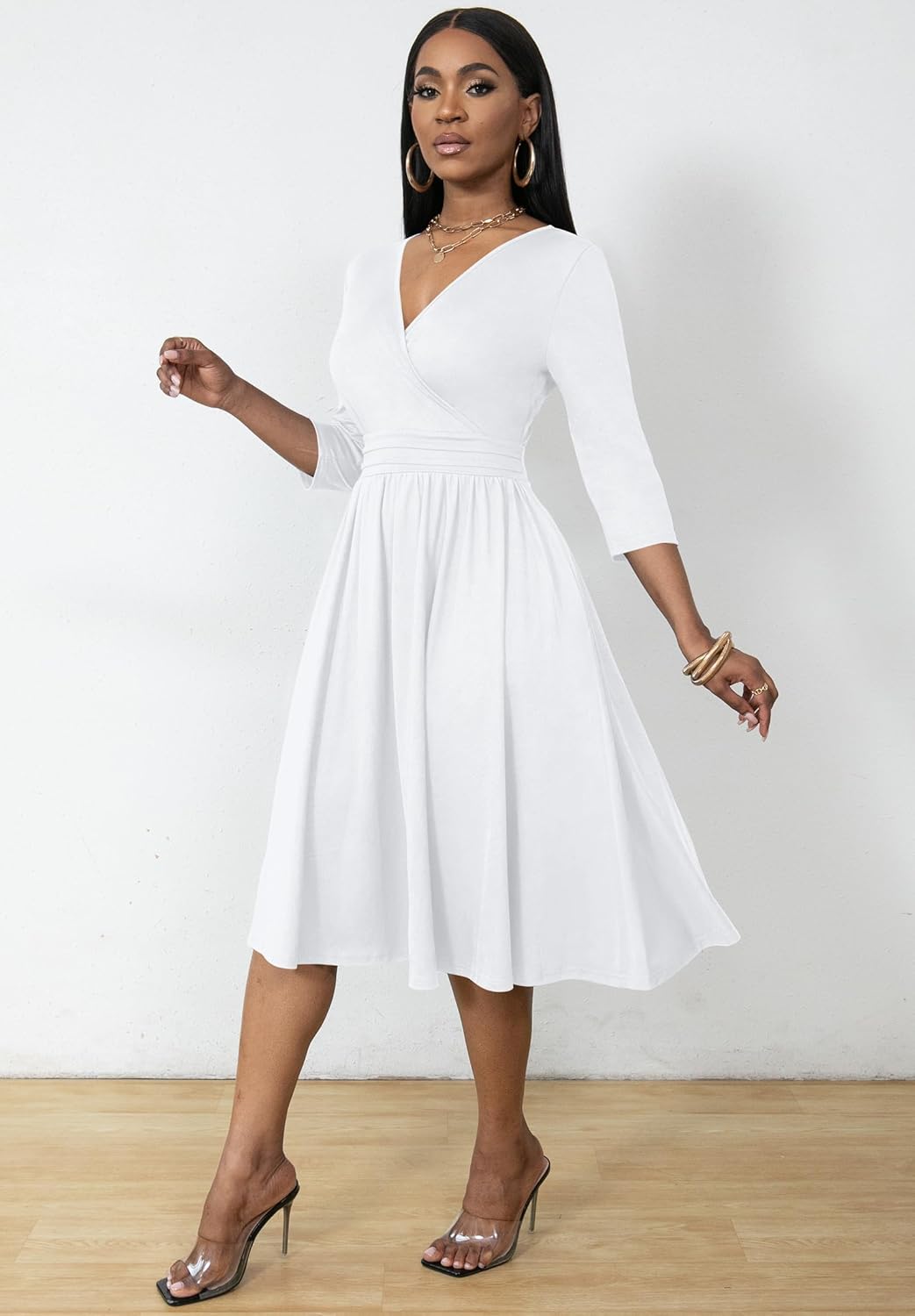 Nmoder Women's Wrap Dress Cocktail Church Wedding Midi Dress A-Line V Neck 3/4 Sleeve Casual Dresses with Pockets - Image 2