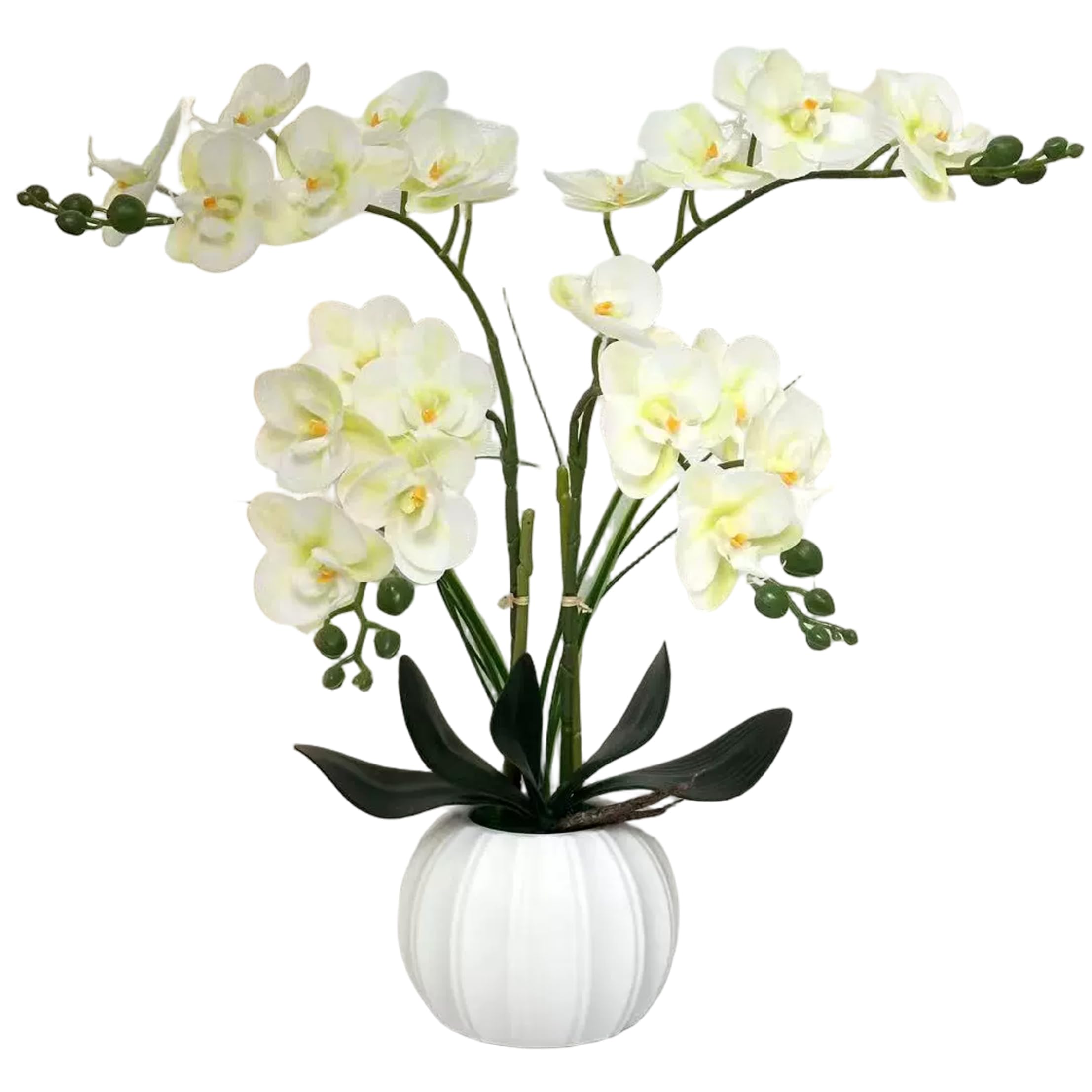 Goutdori 17.72x5.51x3.94 Inch 24-Head Artificial Orchid in Pot Faux Flowers That Look Real for Indoor Decor - White & Green artificial orchid in pot inch white green head orchids flowers faux
