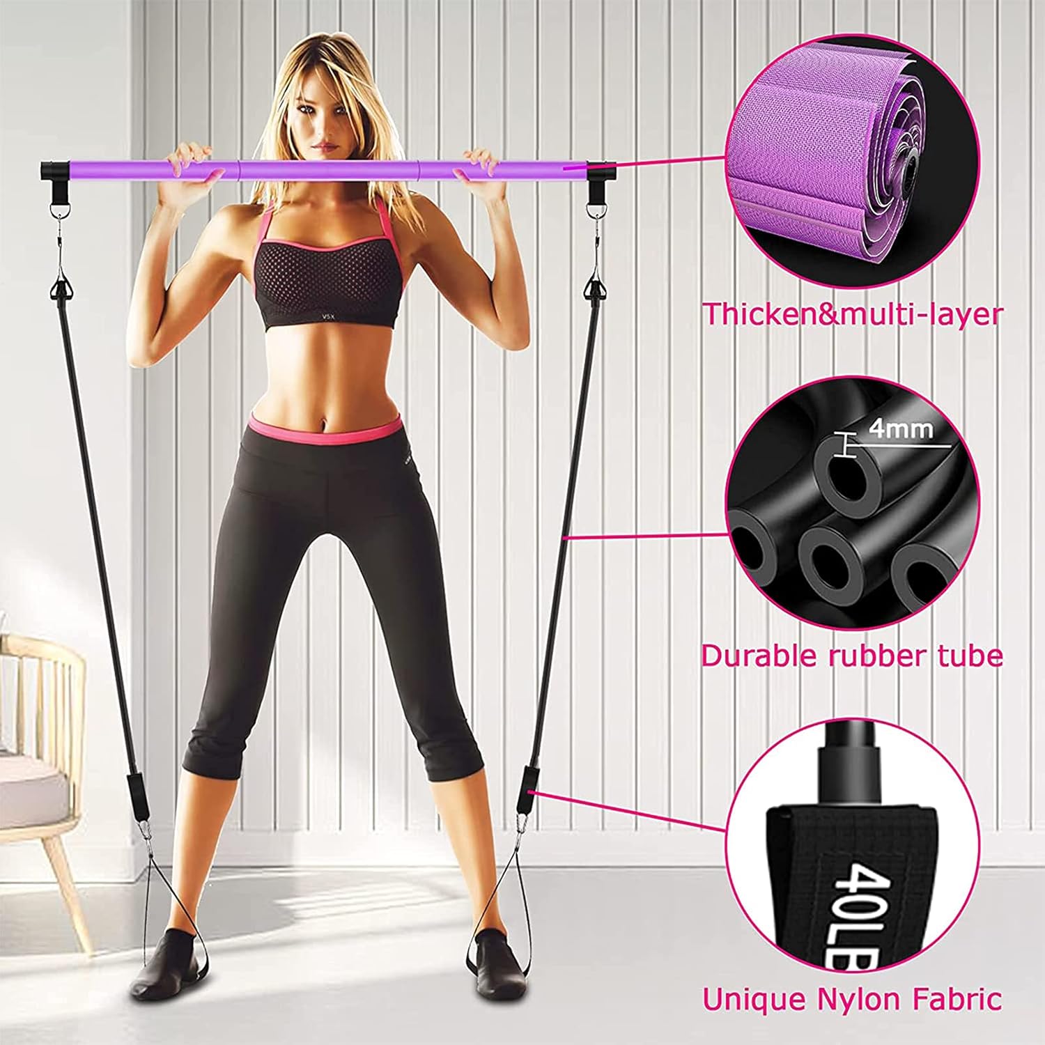 Pilates Bar Kit(Purple)-30lbs,40lbs ,Workout Sticks Bar with Stackable Bands 3-Section Pilates Bar Workout Equipment for for Full Body Exercising : Sports & Outdoors