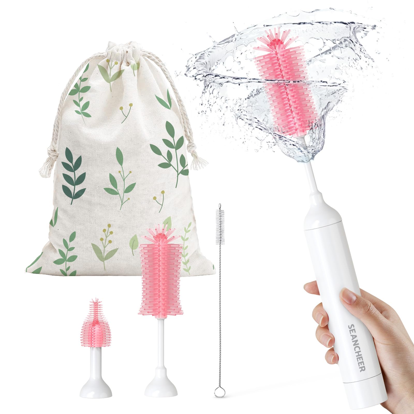 SEANCHEER S02 Electric Bottle Brush Set, Portable Baby Bottle Brush Cleaner, AA Battery-Powered & IPX7 Waterproof, with Silicone Bottle/Nipple/Straw Brush, for Home & Travel (Pink)