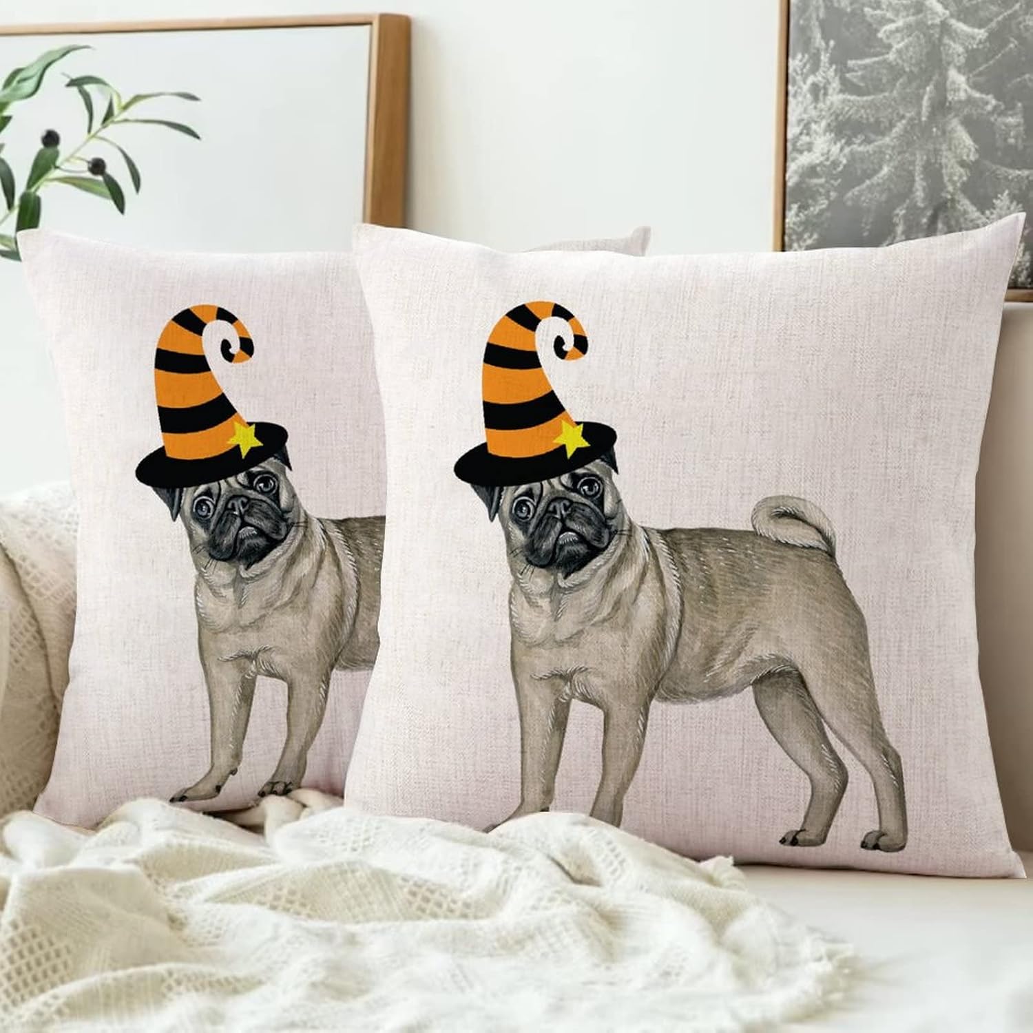2 Pack Halloween Decorations Cotton Linen Throw Pillow Cases 26 X 26 , Pug Dog Wearing Witch Hat Decorative Pillow Cover Cushion Case Decoration Indoor Outdoor Trick Or Treat Party Supplies image 3