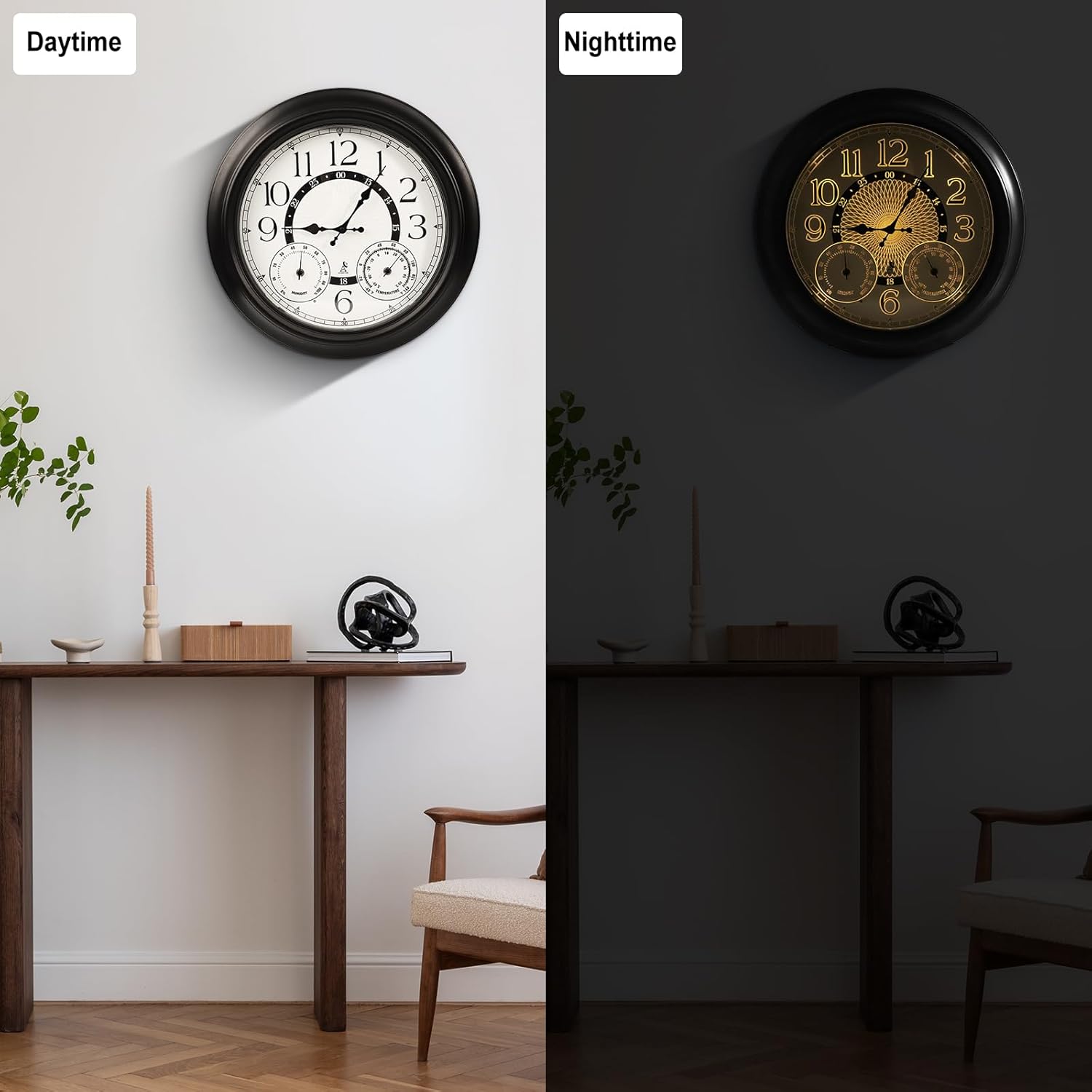 18 Inch Illuminated Retro Indoor Outdoor Wall Clocks with Thermometer and Hygrometer Waterproof Metal Large Clocks with Auto Light Smart Sensor for House Warming Gifts New Home Living Room Decor