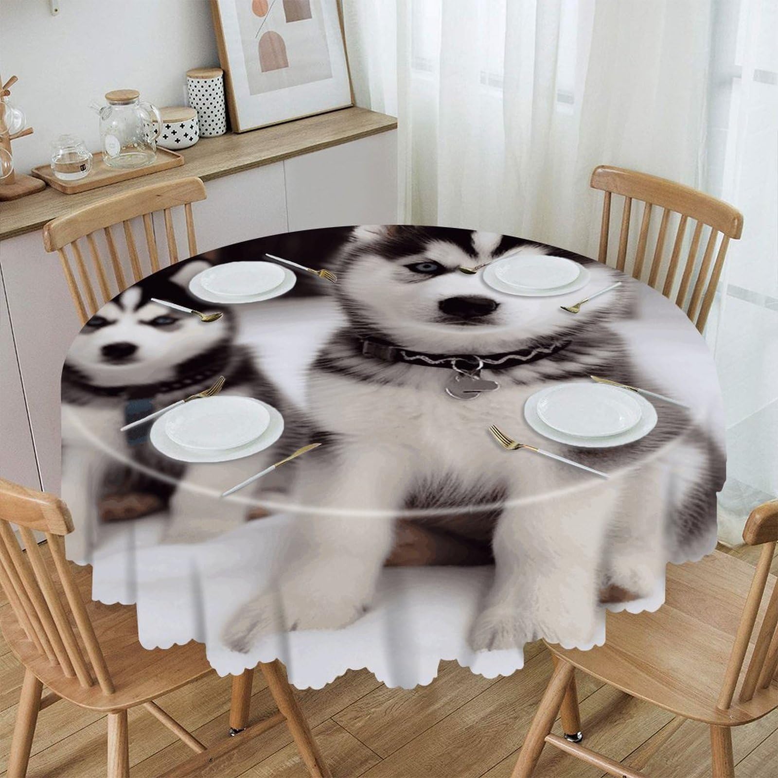 VstaDank 60 Inch Round Adorable Huskies Tablecloth Polyester Waterproof Wrinkle Free Table Cloth Spillproof Washable Table Cover Colorful Tablecover Decor for Home Kitchen Dining Party