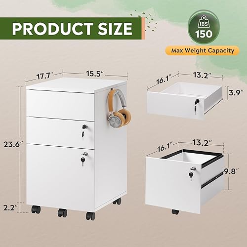 Vista 18 de DEVAISE Archivador de 3 cajones con cerradura, pequeño archivador rodante debajo del escritorio, cajones de oficina de madera para carpetas de Negro