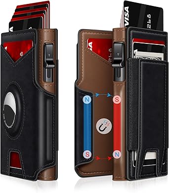 Airtag Wallet for Men, Minimalist Slim Mens Wallet Smart Pop Up Credit Card Holder for 9-13 Cards, RFID Blocking Wallet with ID Window & Cash Slot, Compact Bifold Metal Aluminum Card Case