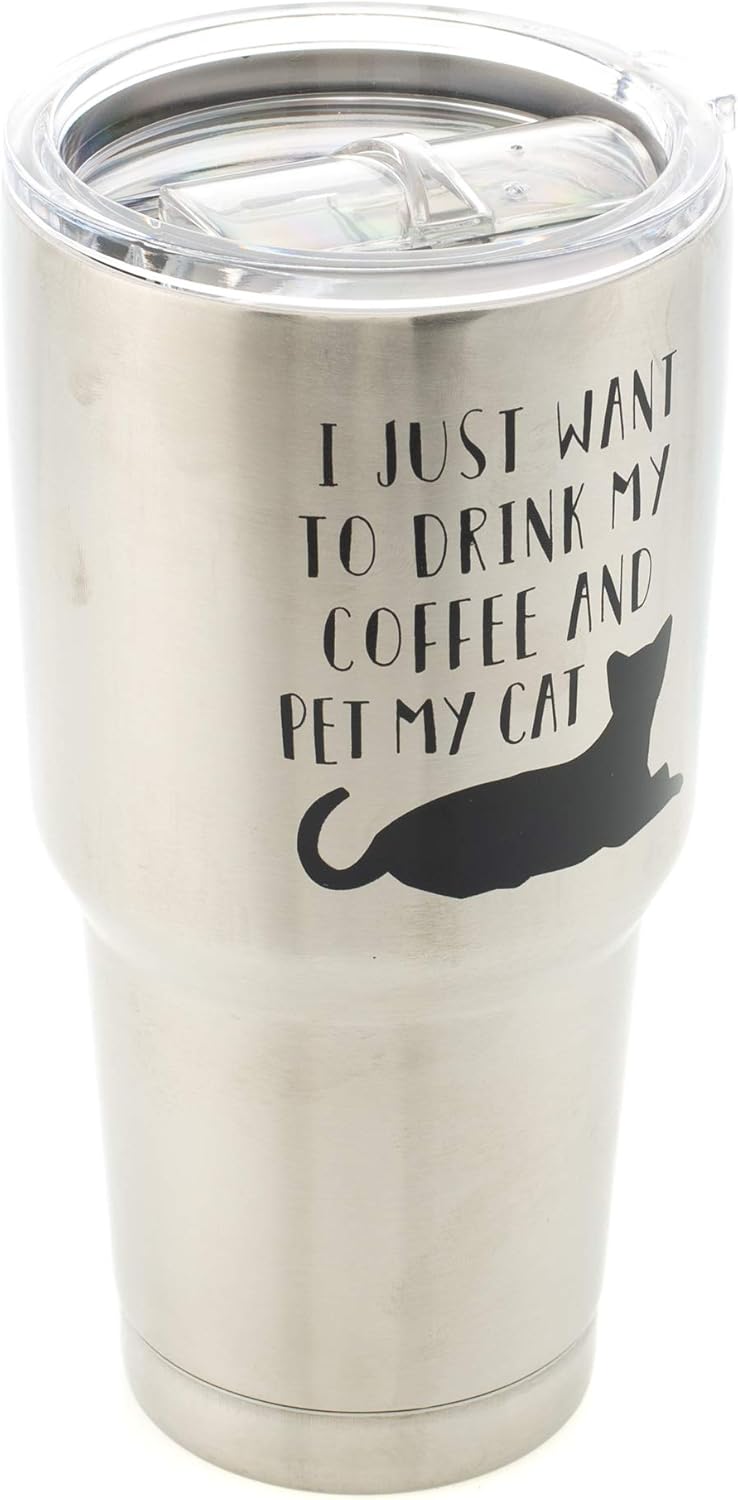 Drink Coffee Pet Cat 30 Oz. Stainless Steel Travel Tumbler with Clear Lid