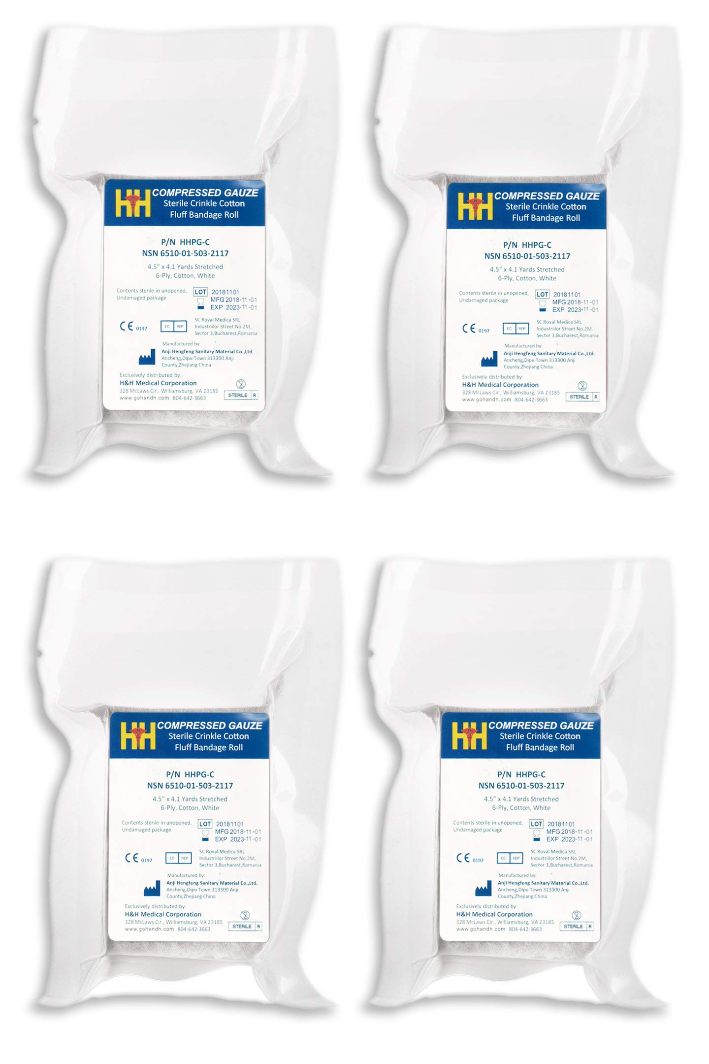 H&H Compressed Sterile Gauze HHPG-C, 4.5" x 4.1 Yards, 6-Ply White Cotton, Essential First Aid and Stop The Bleed Kit Supply for Home, Medical, and Tactical Use