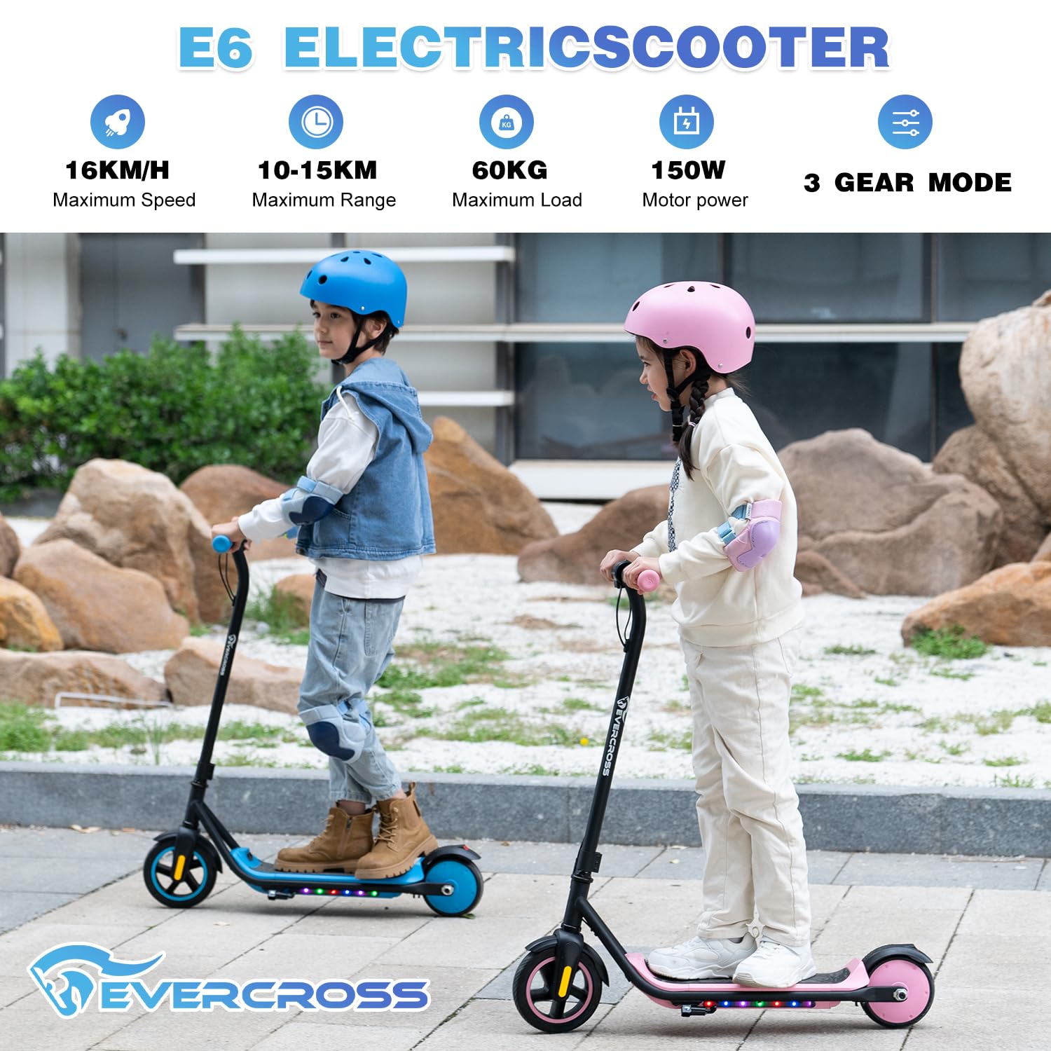 EVERCROSS E6 Monopattino Elettrico Bambini dai 6 ai 12 Anni, Tre Modalità Velocità, Batteria Alta Capacità 21,6V/5,2AH, Motore 150W, Velocità Sicurezza 8-16KM/H, Autonomia 15KM, Leggero e Portatile