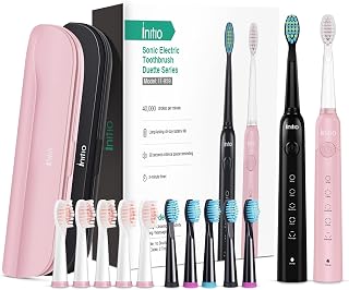 Initio Sonic Electric Toothbrush for Adults Duo Dual Handle 5 Modes with Smart Timer 10 Brush Heads & 2 Travel Cases Included Rechargeable Toothbrush Oral Care Whitening Toothbrush (Black+Pink)
