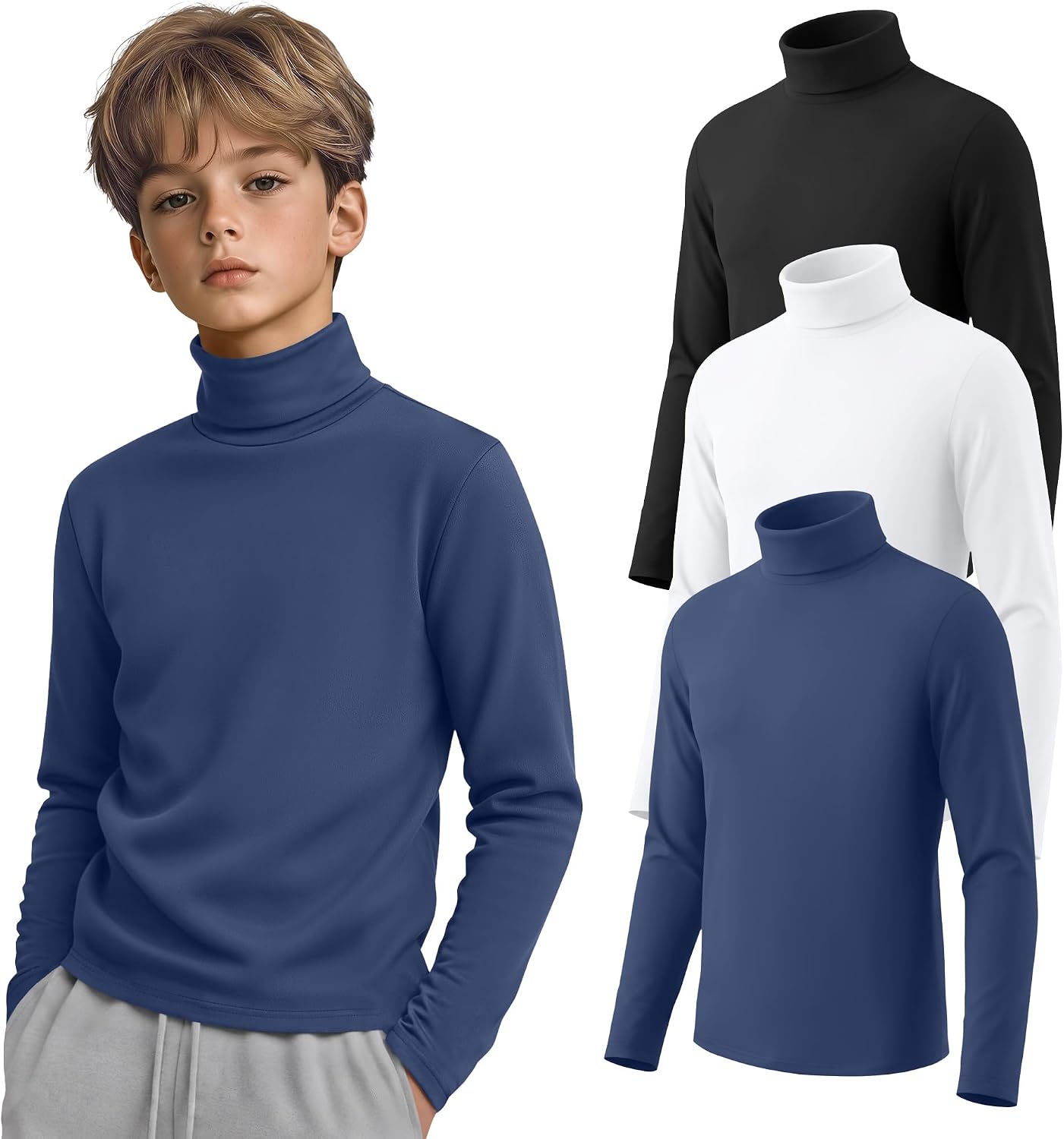 3 Pack Boys Turtleneck Shirts Long Sleeve Tops