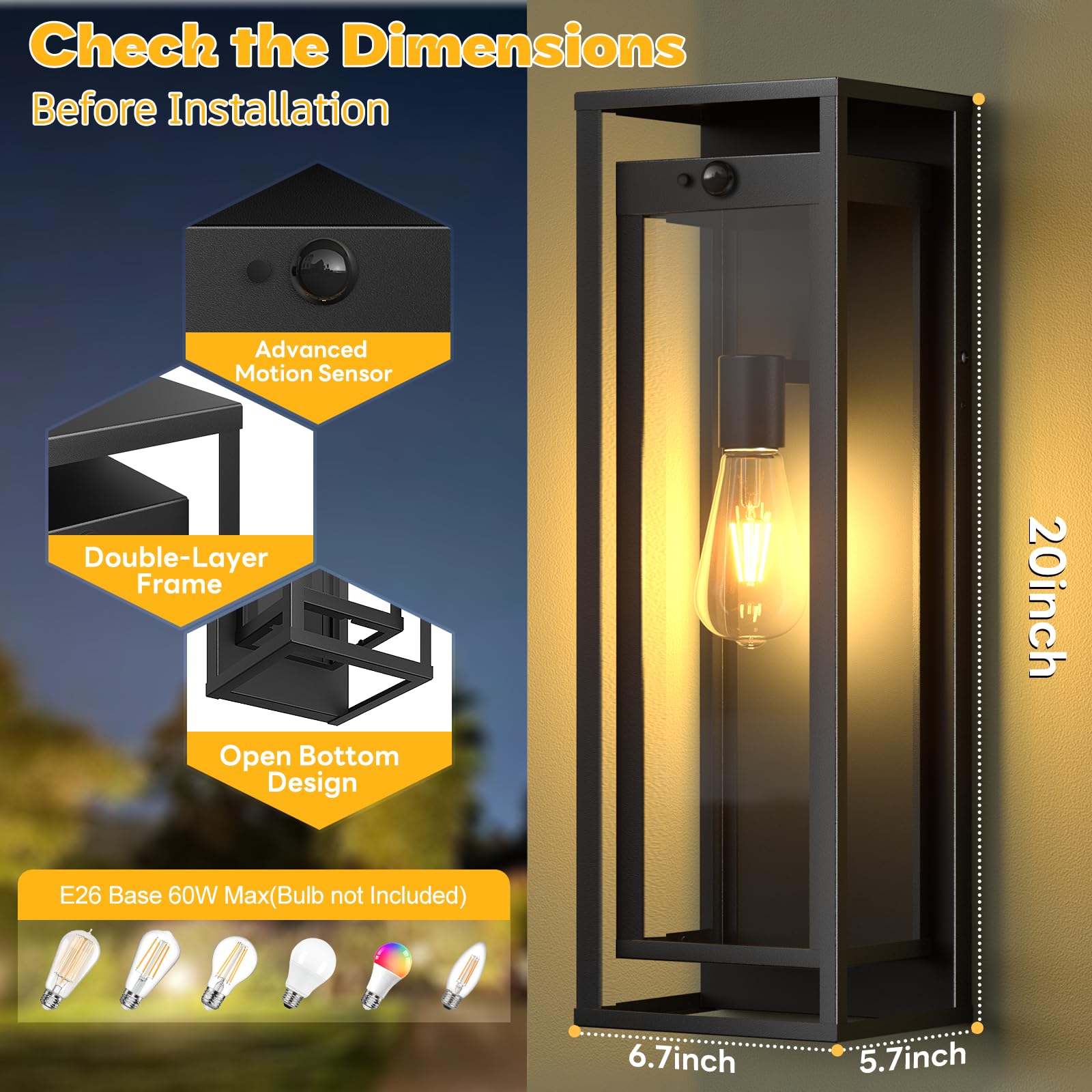 20in Outdoor Wall Light Motion Sensor-Black Modern Sconce Waterproof Exterior Lighting Fixture E26 Socket Porch Lights Extra Large — view 4