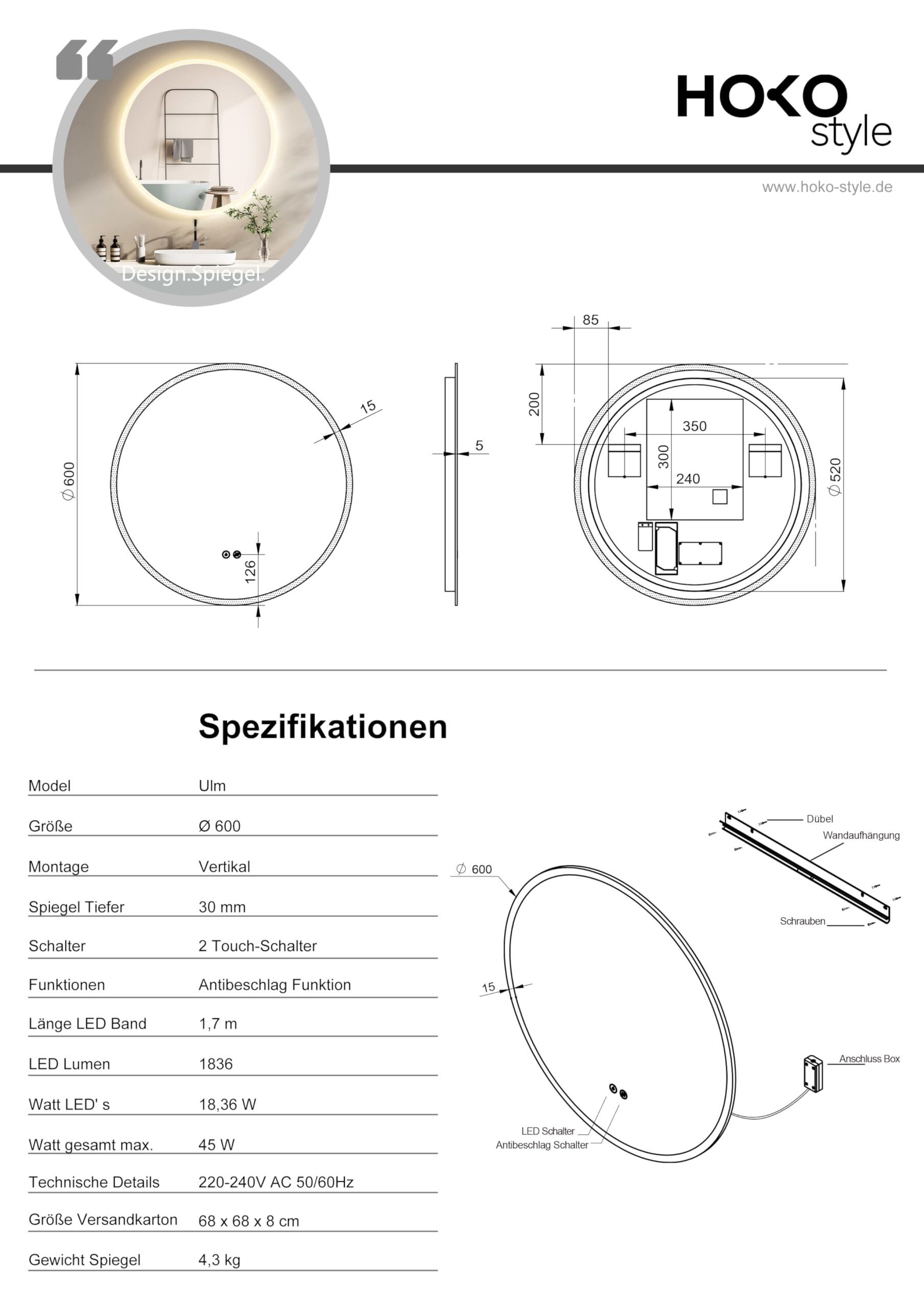 HOKO® Miroir de Salle de Bain 60cm, avec Fonction Anti-buée+Chauffage du Miroir. Miroir Rond+équipé d'un Interrupteur Tactile et lumière LED réglable de Blanc Chaud/Blanc Froid/Neutre 2700-6500k