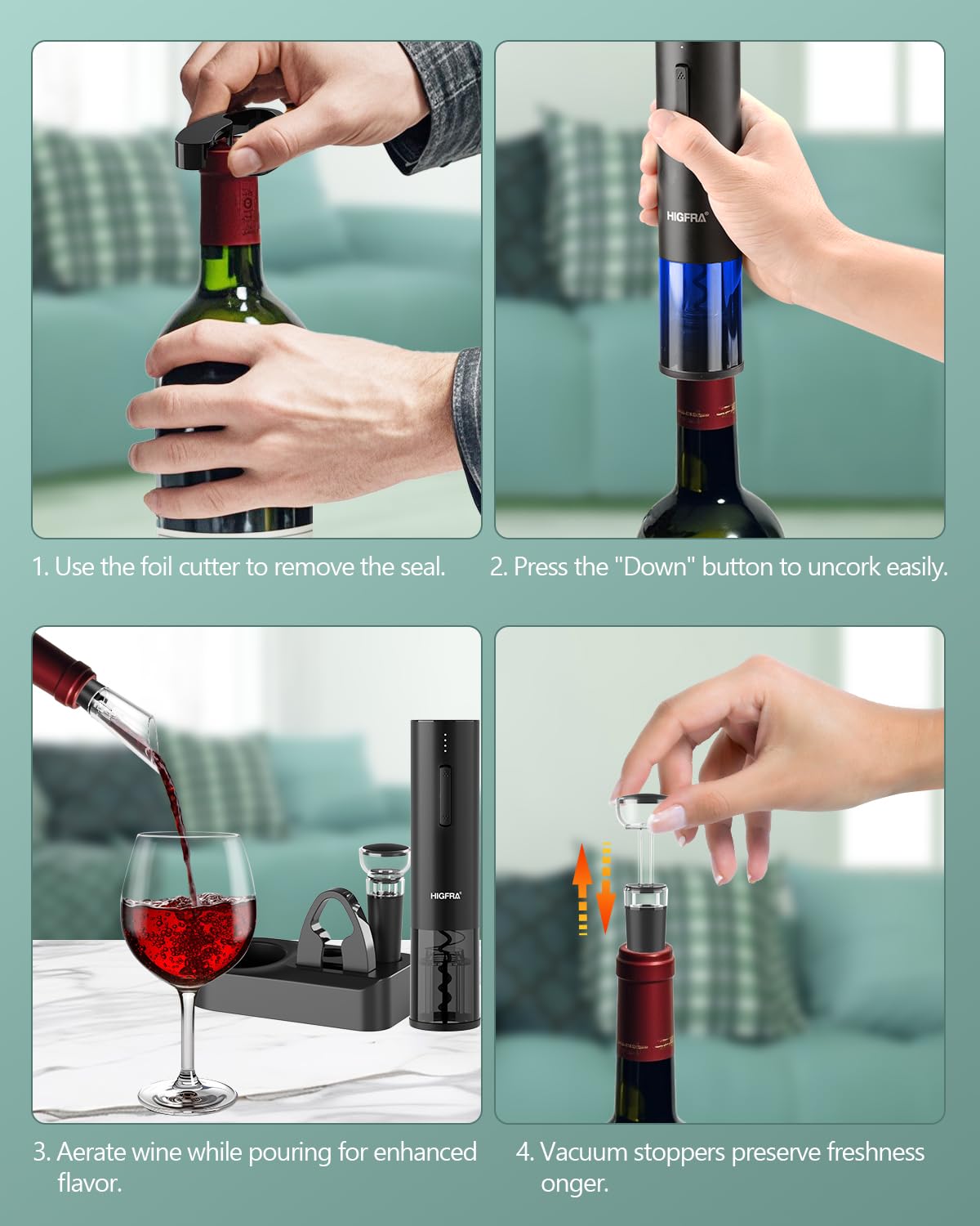Juego de regalo de abridor de vino eléctrico, accesorios de vino de primera calidad con aireador de vino, tapón de vacío, cortador de papel de aluminio y caja de regalo, regalo de Navidad ideal para 3
