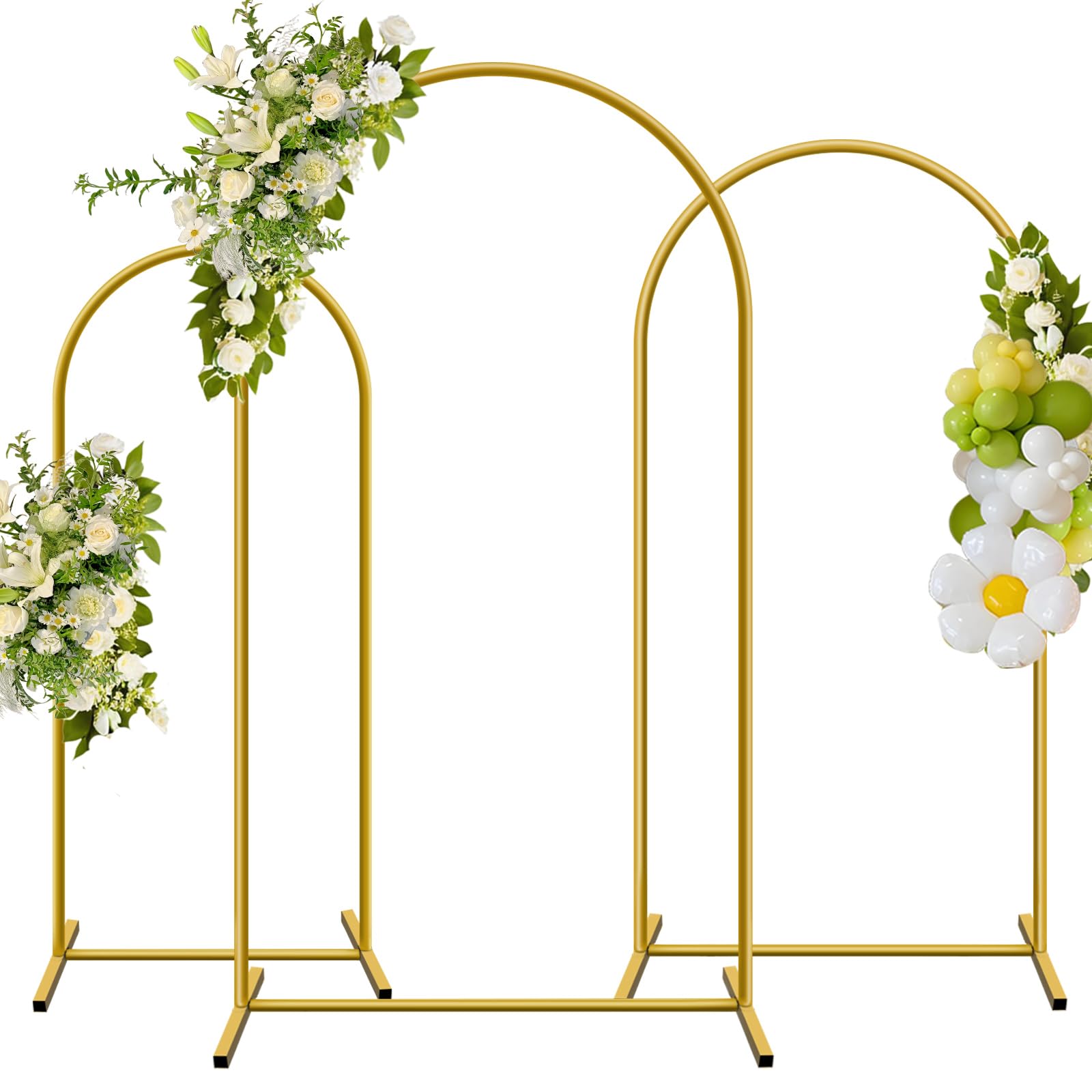 Photo 1 of YAYOYA Metal Arch Backdrop Stand, Set of 3 (6/6.6/7.2 ft) Wedding Arched Frame with 12 Ground Nails, Stable Arched Background Stand for Wedding, Baby Shower, Birthday Party, Photography, Gold