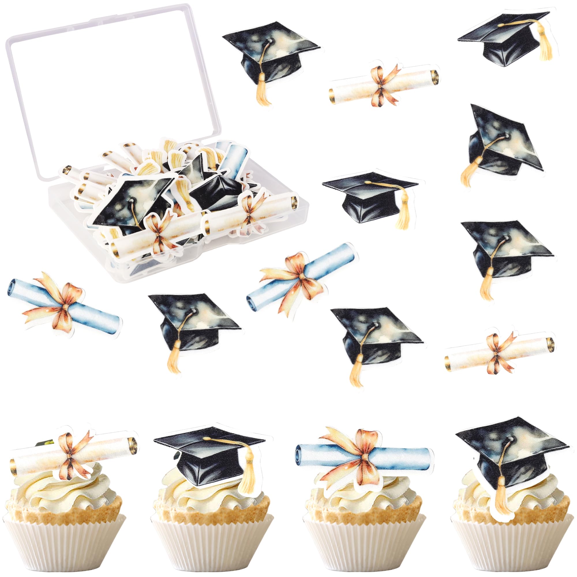 SYKYCTCY 60 Pack Edible Class of 2025 Cake Topper Glitter Congrats Grad Cap 2025 Graduation Cake Pick for 2025 Graduation Theme High School Graduate Party Cake Decorations Supplies