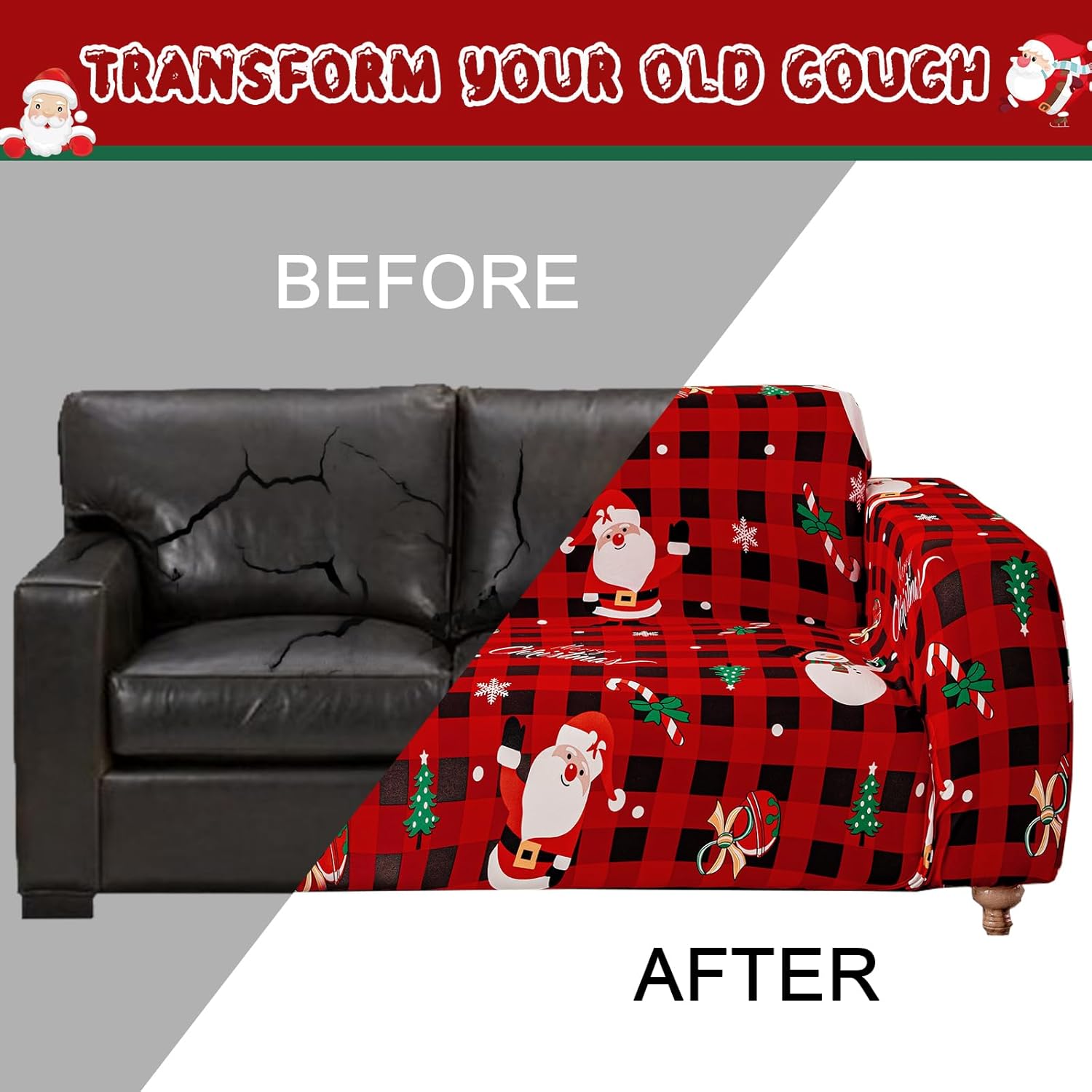 Luxudecor Christmas Sofa Cover Buffalo Plaid Stretch Couch Cover Sofa Slipcover for Couches 1 Piece Christmas Theme Sofa Slipcover for Room Furniture Protector (3 Seater)