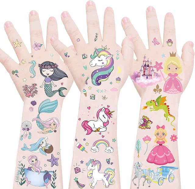Adisno 9 Sheets Princess Tattoo Stickers for Girls, Mermaid Fake Tattoo, Temporary Tattoo for Girls, Waterproof Cartoon Tattoo for Kids Party Favors Supplies, Children Birthday Favors Bags Filler