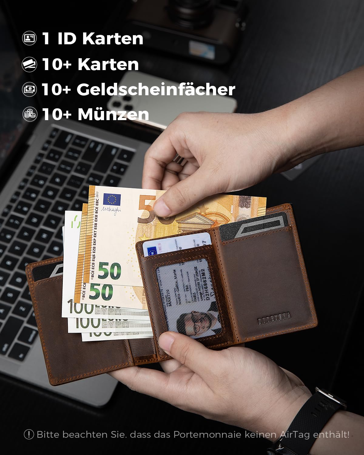 DODENSHA® Airtag 2 Wallet Herren mit XL Münzfach I MagSnap Kartenetui Herren I Smart Airtag Wallet für 10+ Karten I Geldbörse Herren mit RFID Schutz I Portmonee Herren mit AirTag* Fach I Redbrown