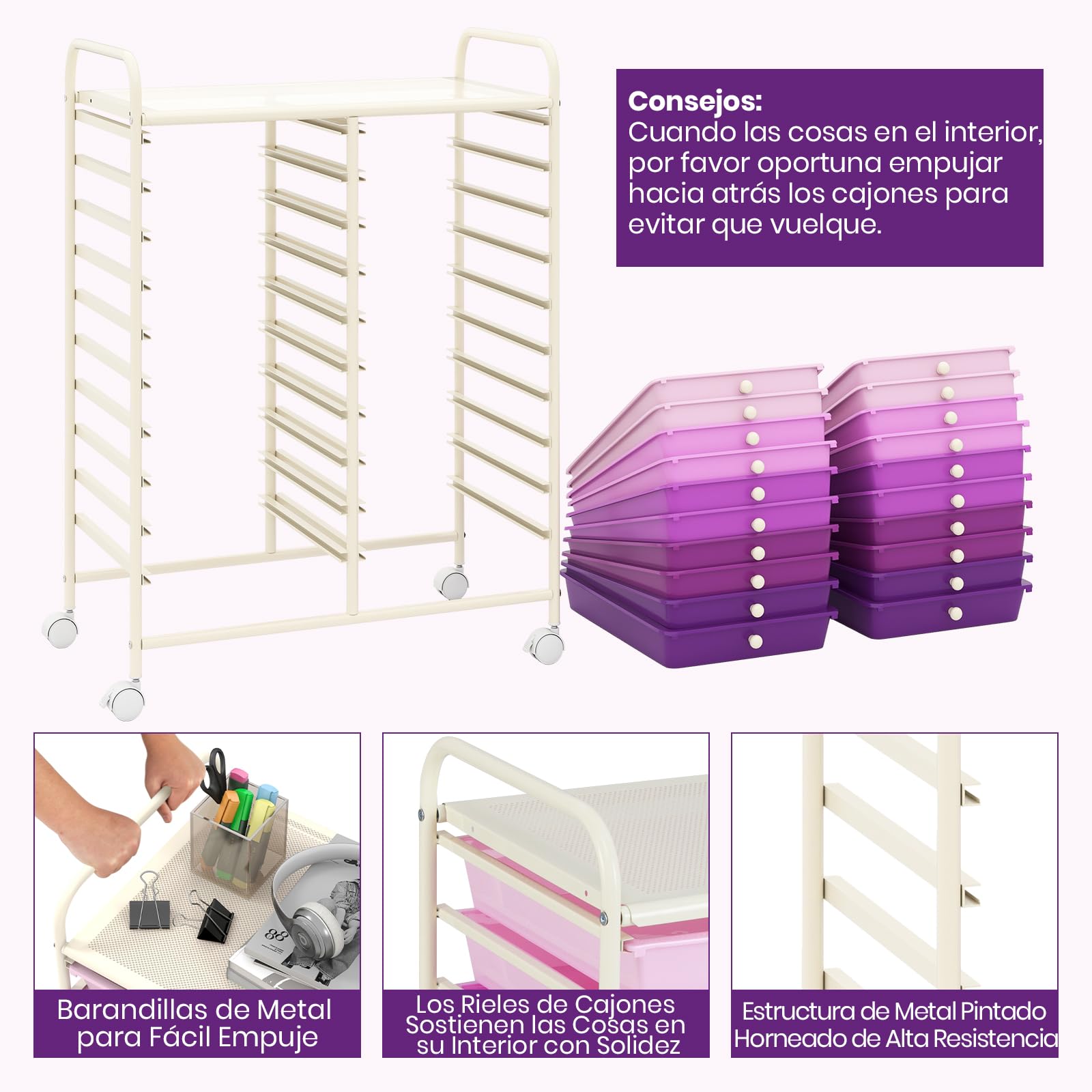 GOPLUS Carrito Auxiliar con 4 Ruedas, Carro de Servicios con 20 Cajones, 2 Ruedas con Frenos, Carro de Almacenamiento de Estructura Metálica para Cocina Oficina Baño (Violeta)
