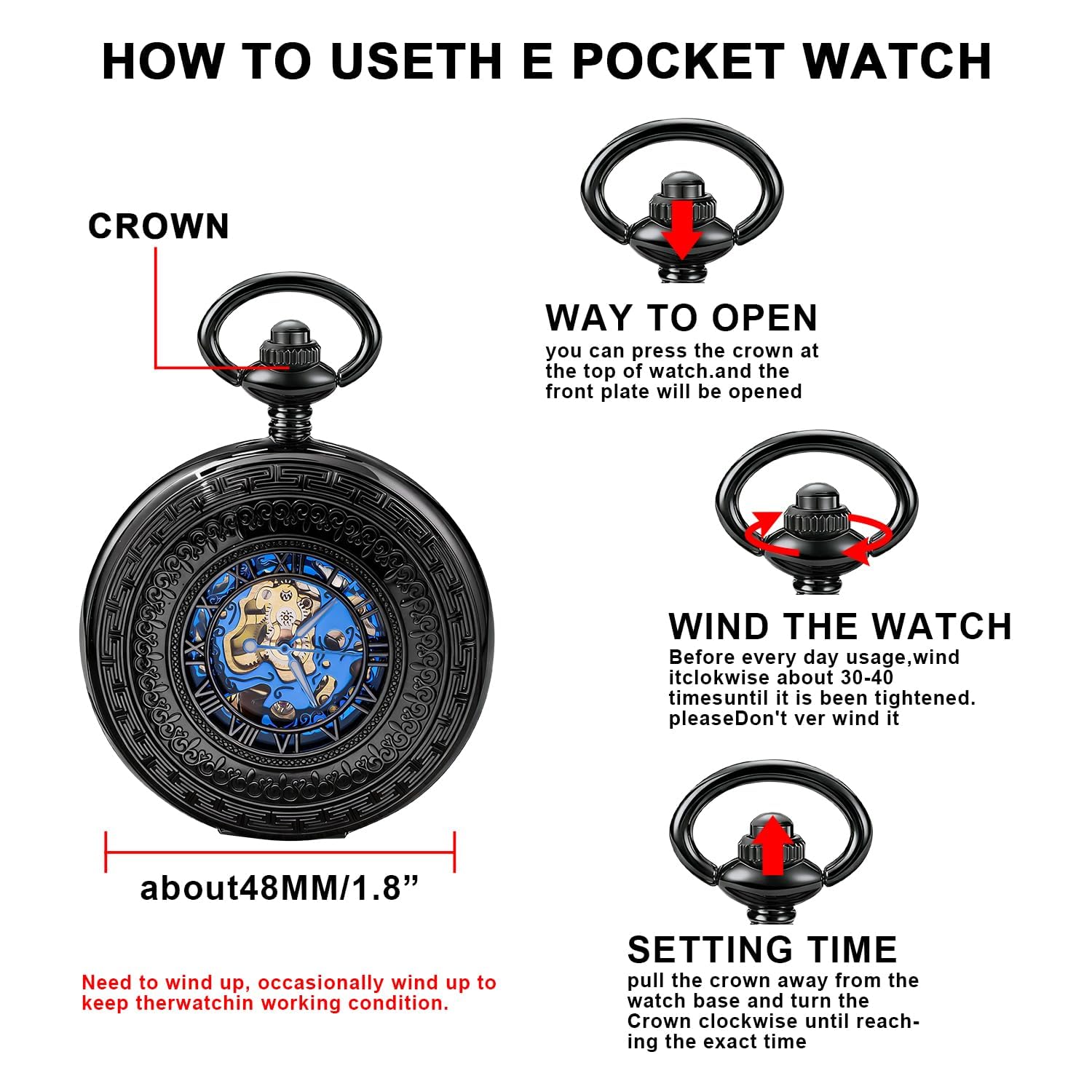 Tiong Elegante design con numeri romani neri anticati, con quadrante nero con numeri blu, adatto per orologi da tasca meccanici da uomo