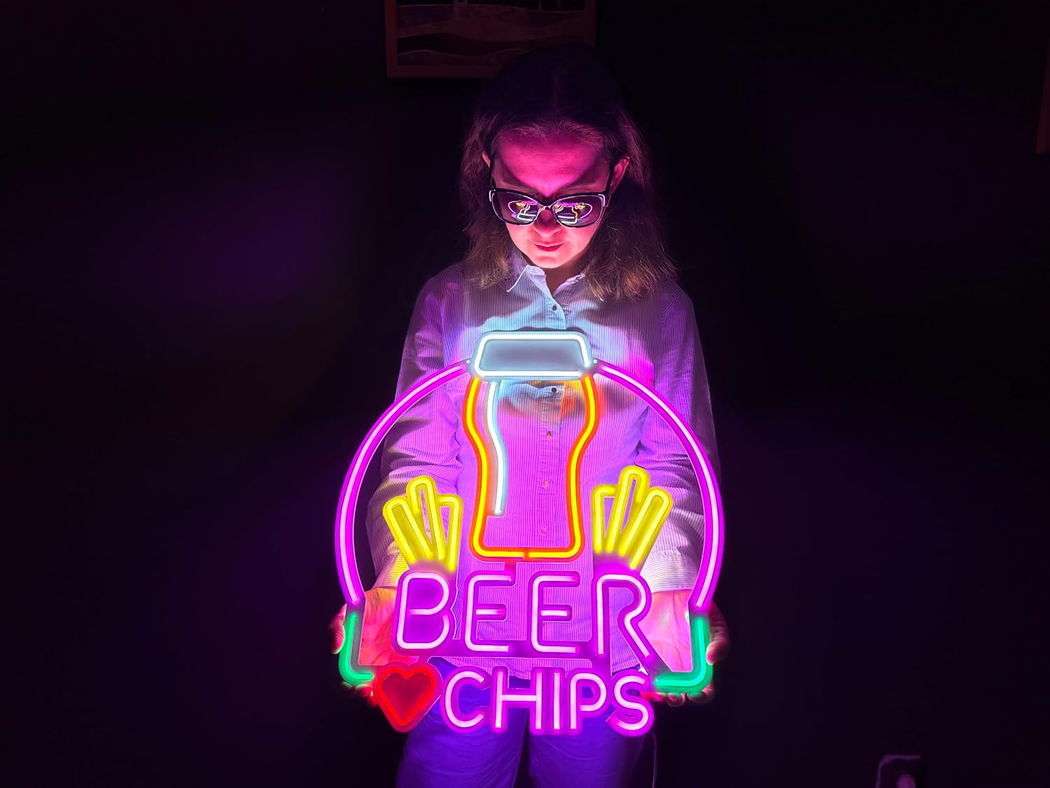 Beer & Chips Sign, Neon Metal Wall Art, Restaurant Wall Sign, Beer and Chips Wall Decor, LED Light Decor, Cafe Restaurant Wall Decor (Without Remote Control)